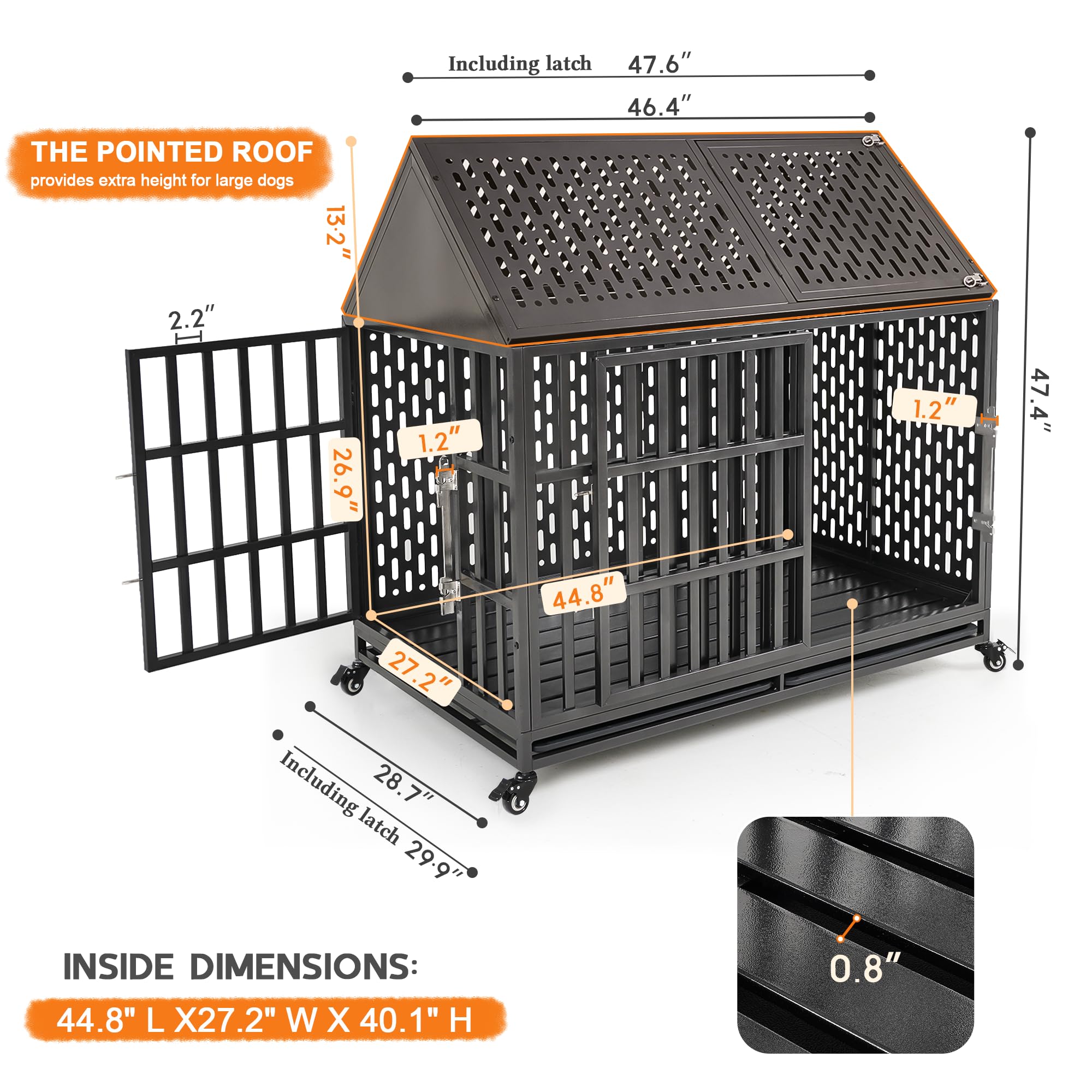 Huddycove 46 Inch Heavy Duty Dog Crate with Self-Locking Latch for High Anxiety Dogs, Indestructible Large Kennel Indoor with Po
