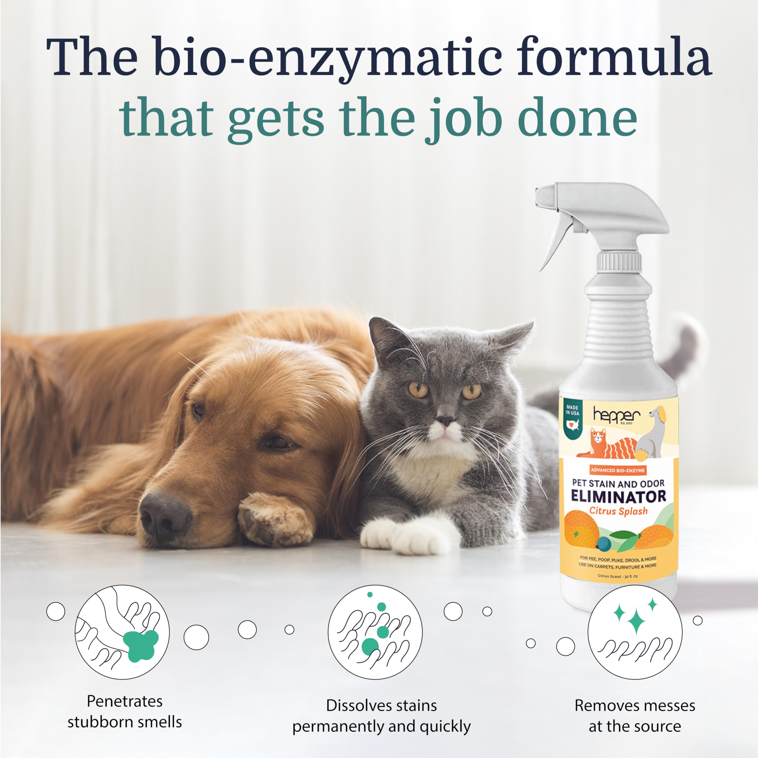 Hepper Bio-Enzyme Pet Stain & Odor Eliminator Spray - 32oz Citrus Splash for Cats & Dogs - Safe for Home, White