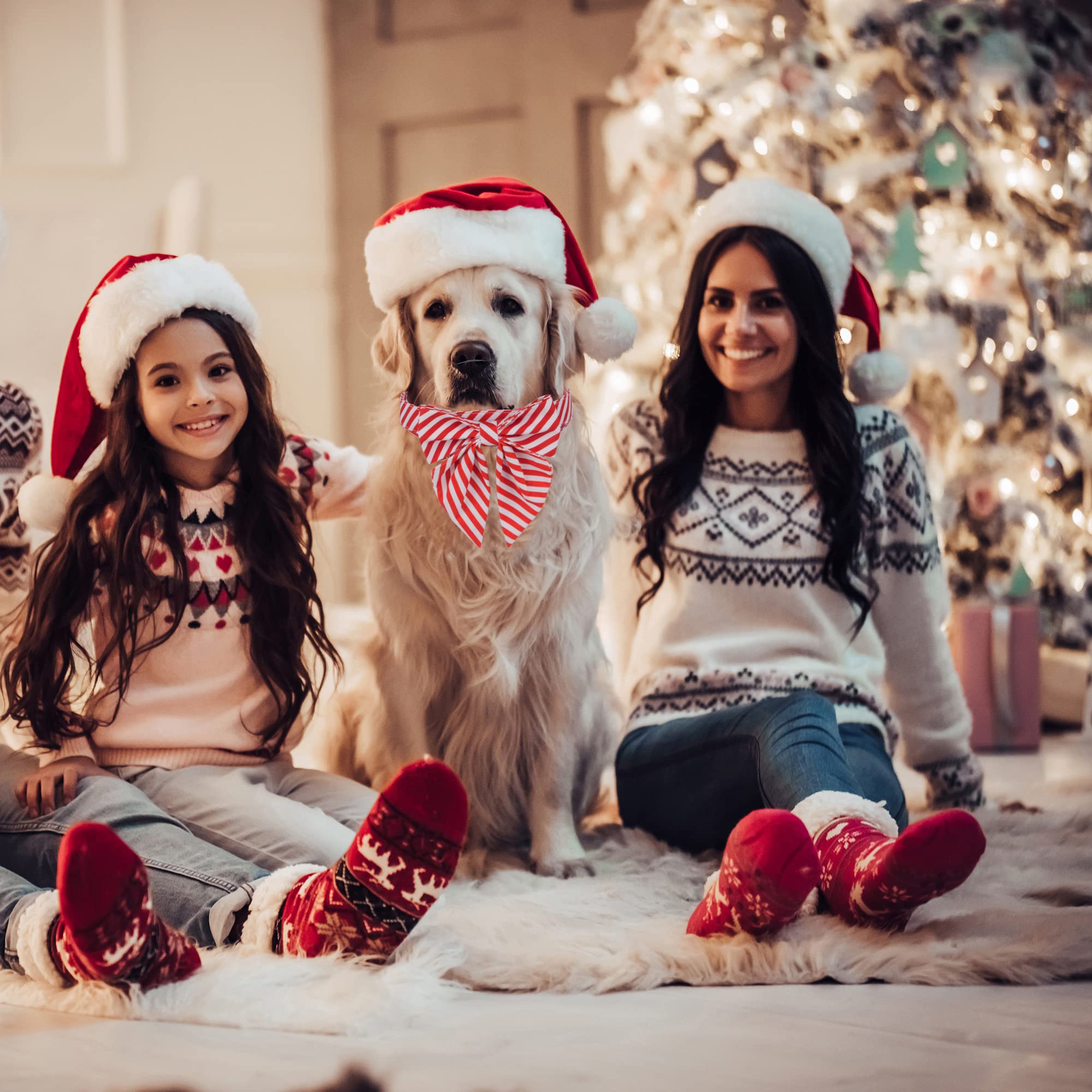 Adoggygo Christmas Dog Collar With Bow, Adjustable Cotton Stripe Bowtie Dog Christmas Collars For Small Medium Large Dogs Pets (Medium, Red & White)