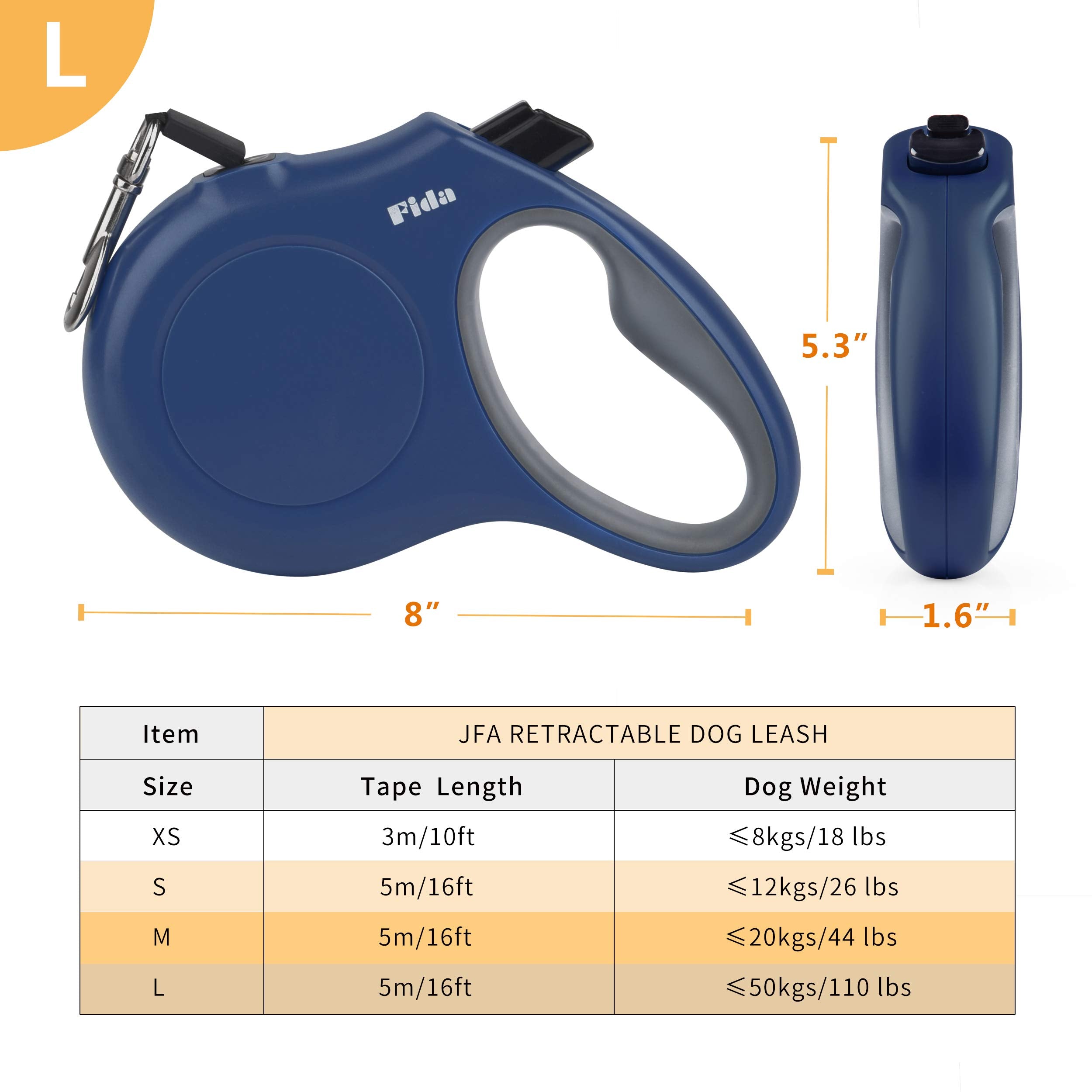Fida Retractable Dog Leash, 16 Ft Dog Walking Leash For Large Dogs Up To 110Lbs, Tangle Free,Navy Blue