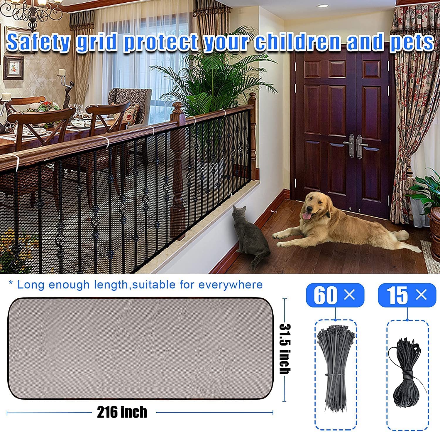 JIFTOK Baby Gate for Stairs, Banister Guard for Kids, Pets, Toys, 18 ft L x 2.66 ft H, Mesh Netting Safety Net for Balcony Rail