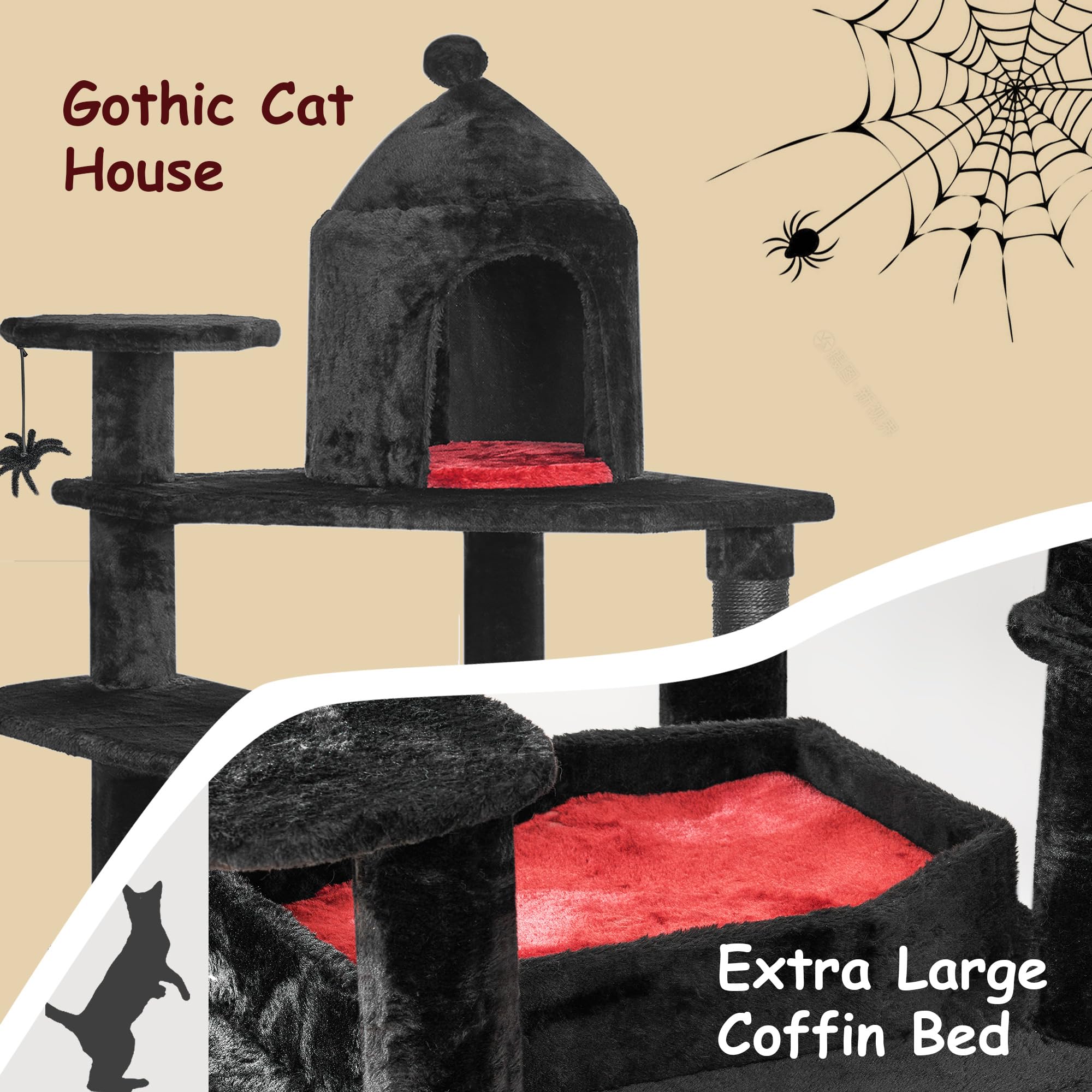 Bewishome Gothic Cat Tree With Coffin Bed Cat Tower For Indoor With Spacious Condo, Sisal Scratching Ramp, Cozy Basket Black Pet