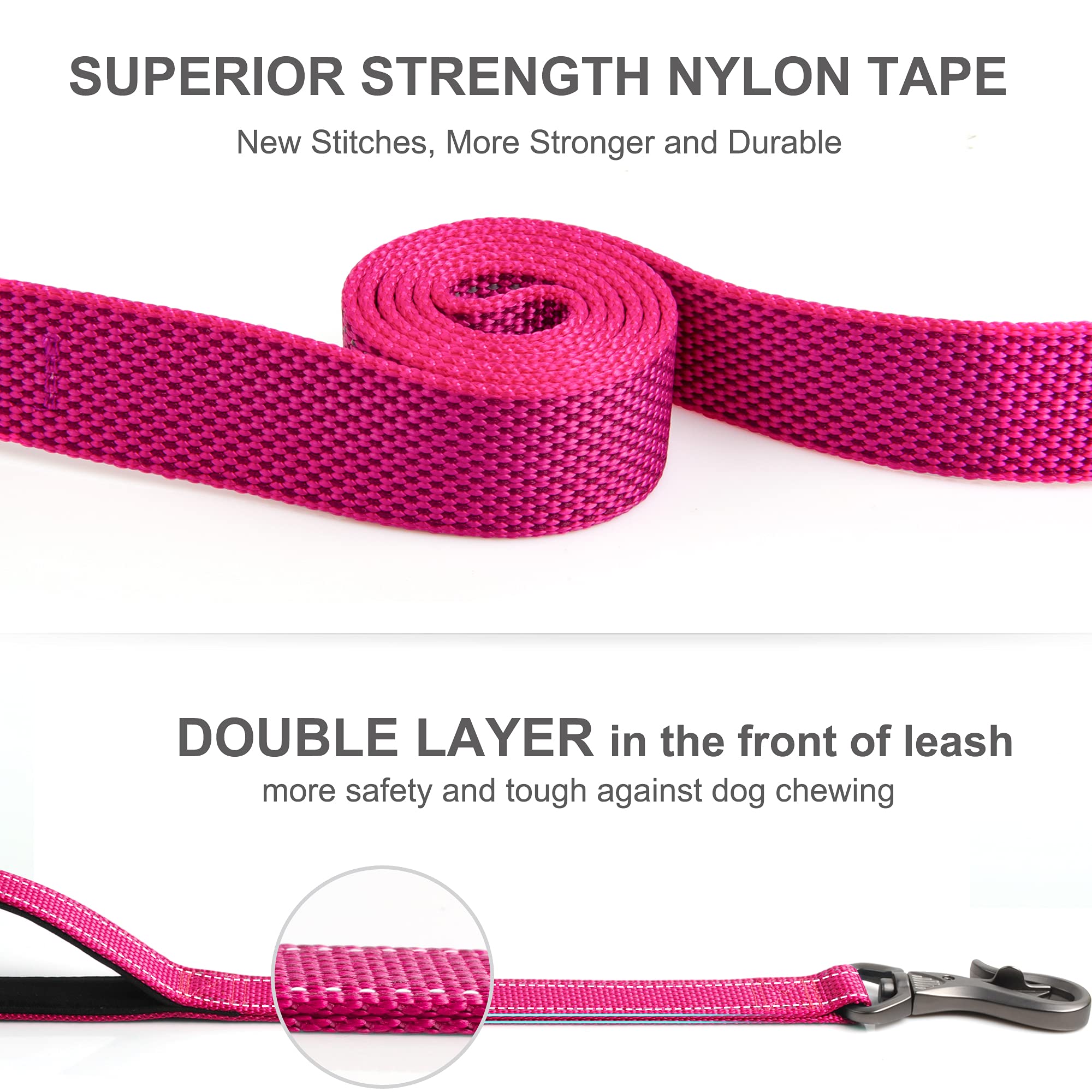 Fida 6 Ft Heavy Duty Dog Leash With 2 Comfortable Padded Handles, Traffic Handle & Advanced Easy Snap Hook, Reflective Walking Lead For Large, Medium & Small Breed Dogs, Rose
