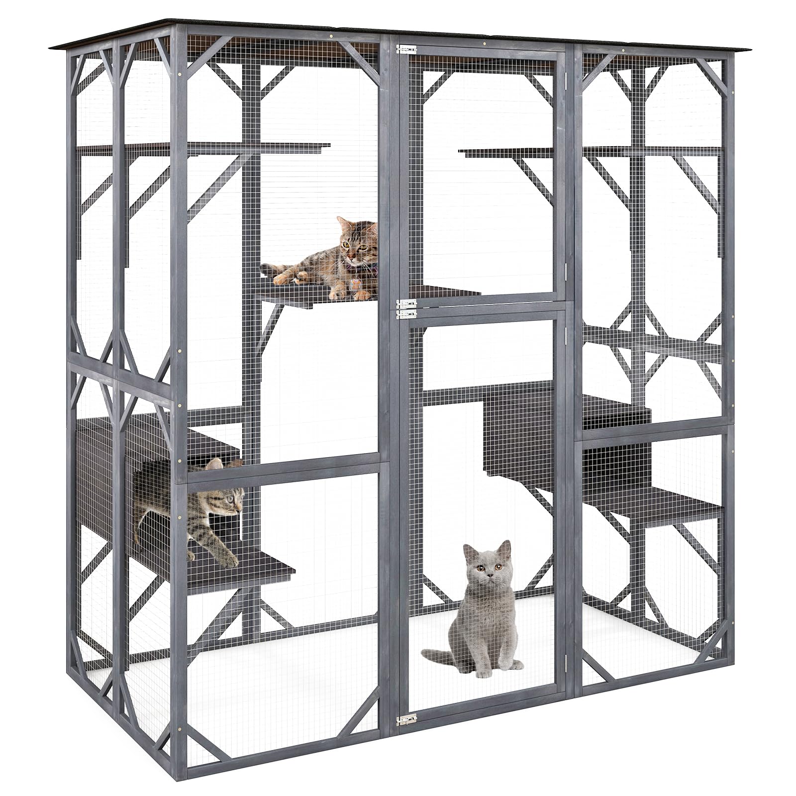 Tangkula Catio Outdoor Cat Enclosure Large, 71 Inch Outdoor Cat House Weatherproof With Asphalt Roof, Wooden Cat Cage Playpen With 7 Jumping Platforms & 2 Resting Boxes, Walk-In Cat Kennel Condo