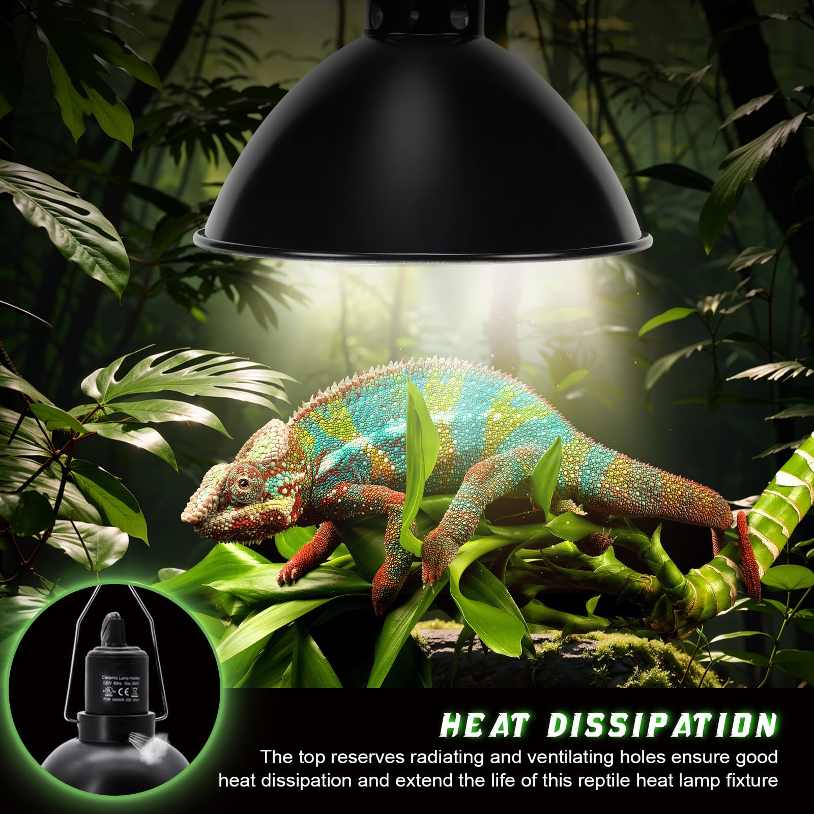 Mecesor Reptile Light Fixture With Dimming Switch And Timer, 8.5 Inch Deep Dome Reptile Heat Lamp Fixture, Reptile Lamp Fixture
