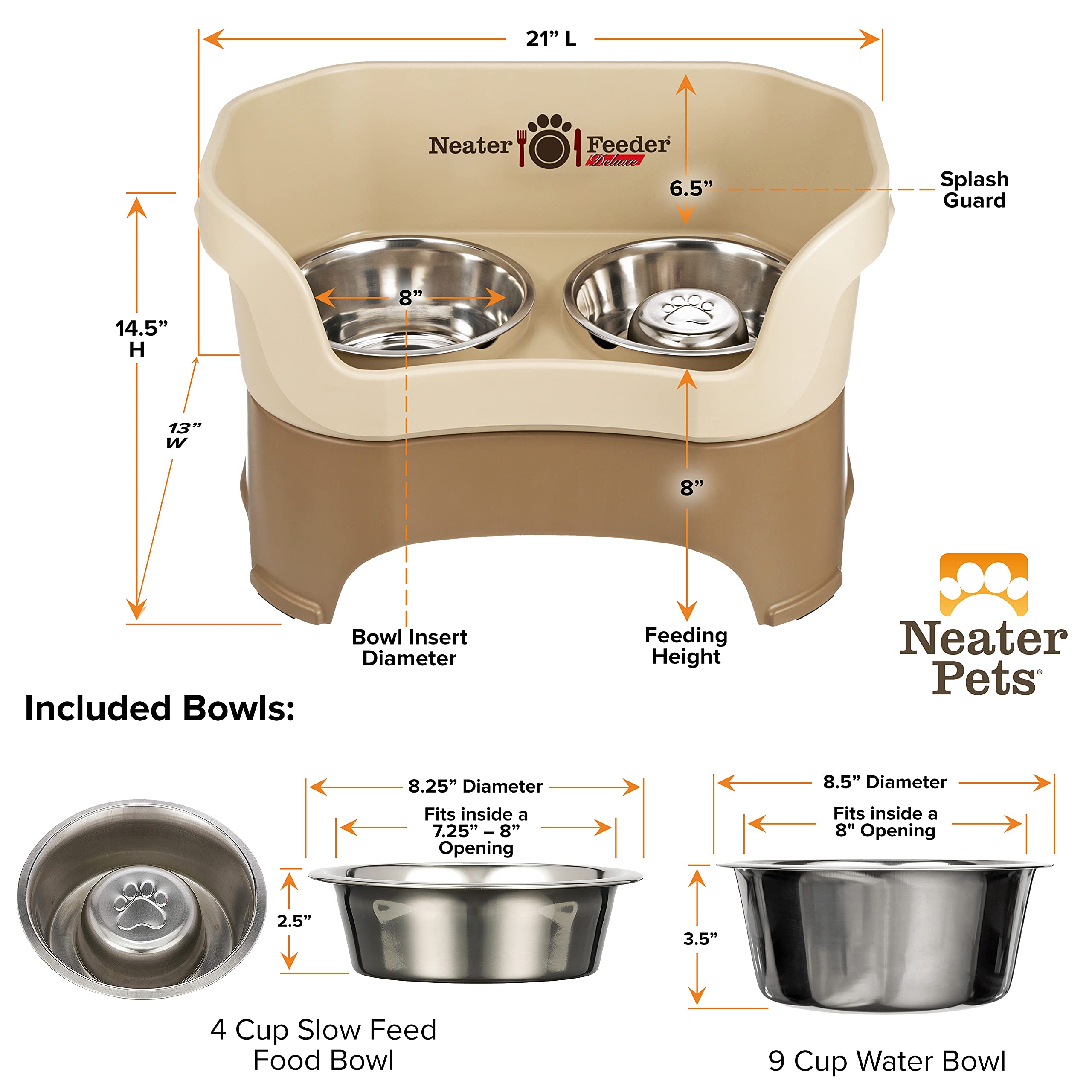 Neater Feeder Deluxe Mess Proof Dog Bowls Elevated for Large Breeds - Made in USA - No Spill Raised Slow Feeder Elevated Dog Bow