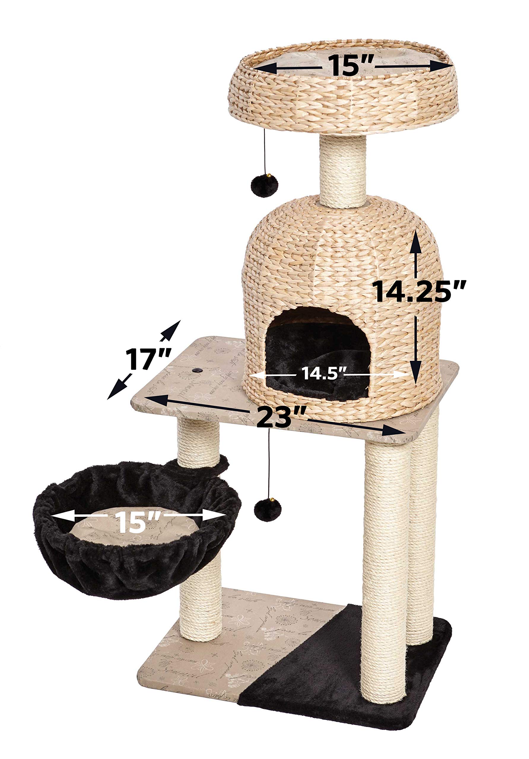 Midwest Homes For Pets Cat Tree | Reid Cat Furniture, 3-Tier Cat Activity Tree W/ Sisal Wrapped Support Scratching Posts & Dangle Play Balls, Woven Rattan & Script Medium Cat Tree