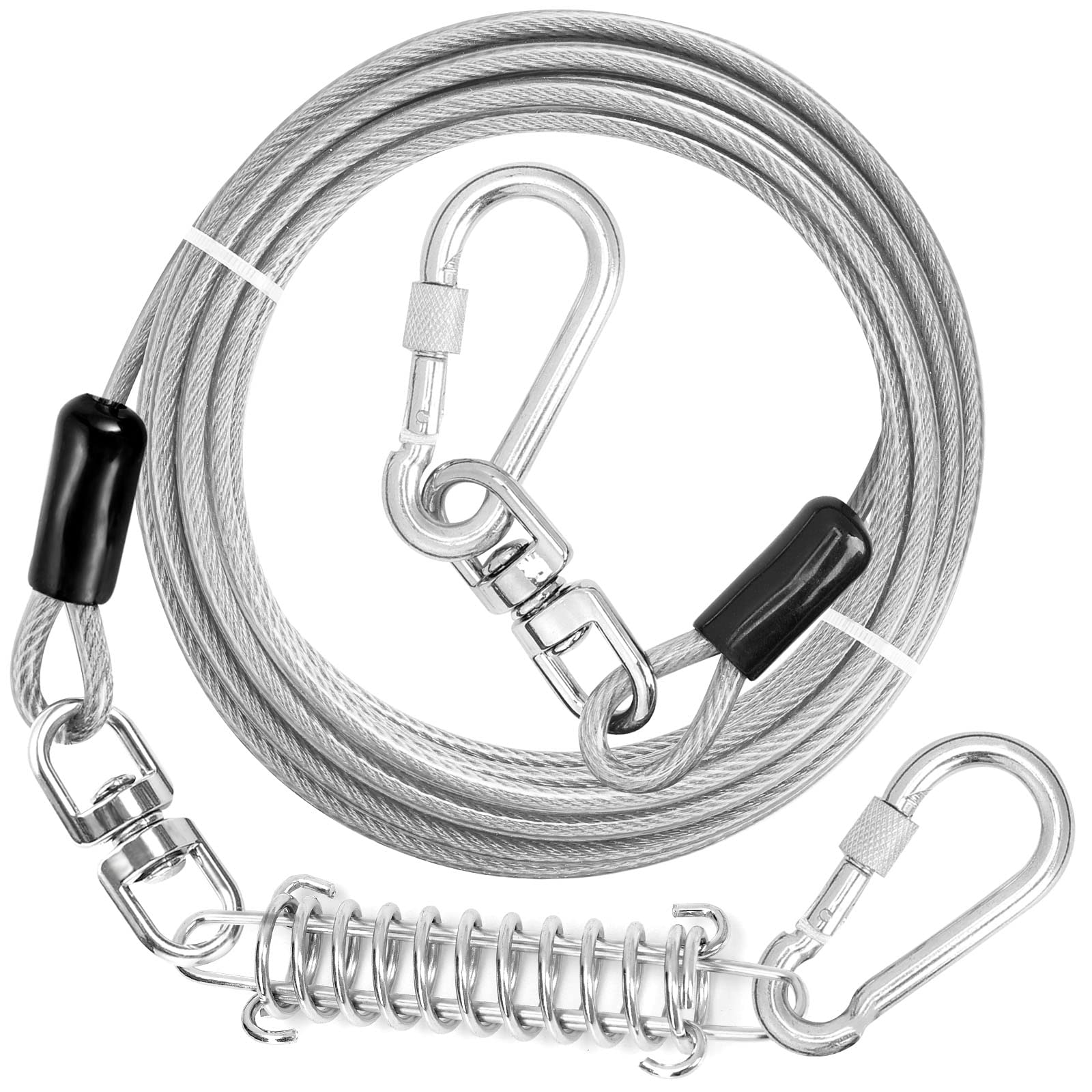 jenico Dog Tie Out Cable - 150FT Rust-Proof Vinyl Runner with Swivel Hook for Small to Medium Pets - Silver