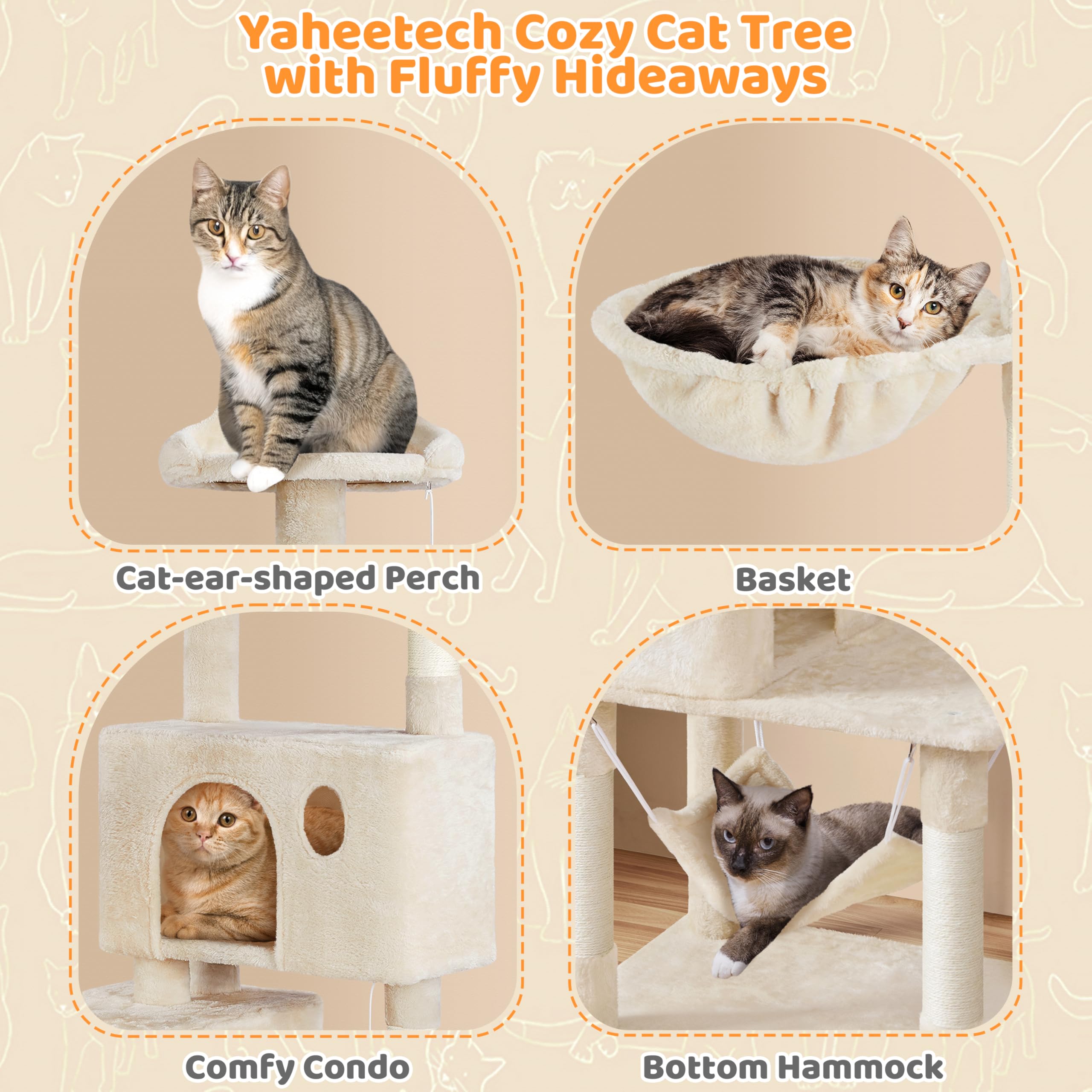 Yaheetech 64.5in Cat Tree Cat Tower Scratching Post, Plush Cover Cat Condo Bed Furniture with Hammock, Platform, Perch for Extra