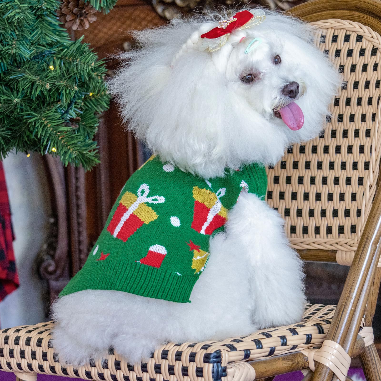 Cutebone Christmas Green Dog Sweater For Medium Large Dogs Tree Knit Puppy Sweater Turtleneck Pet Winter Clothes Cat Apparel Wit