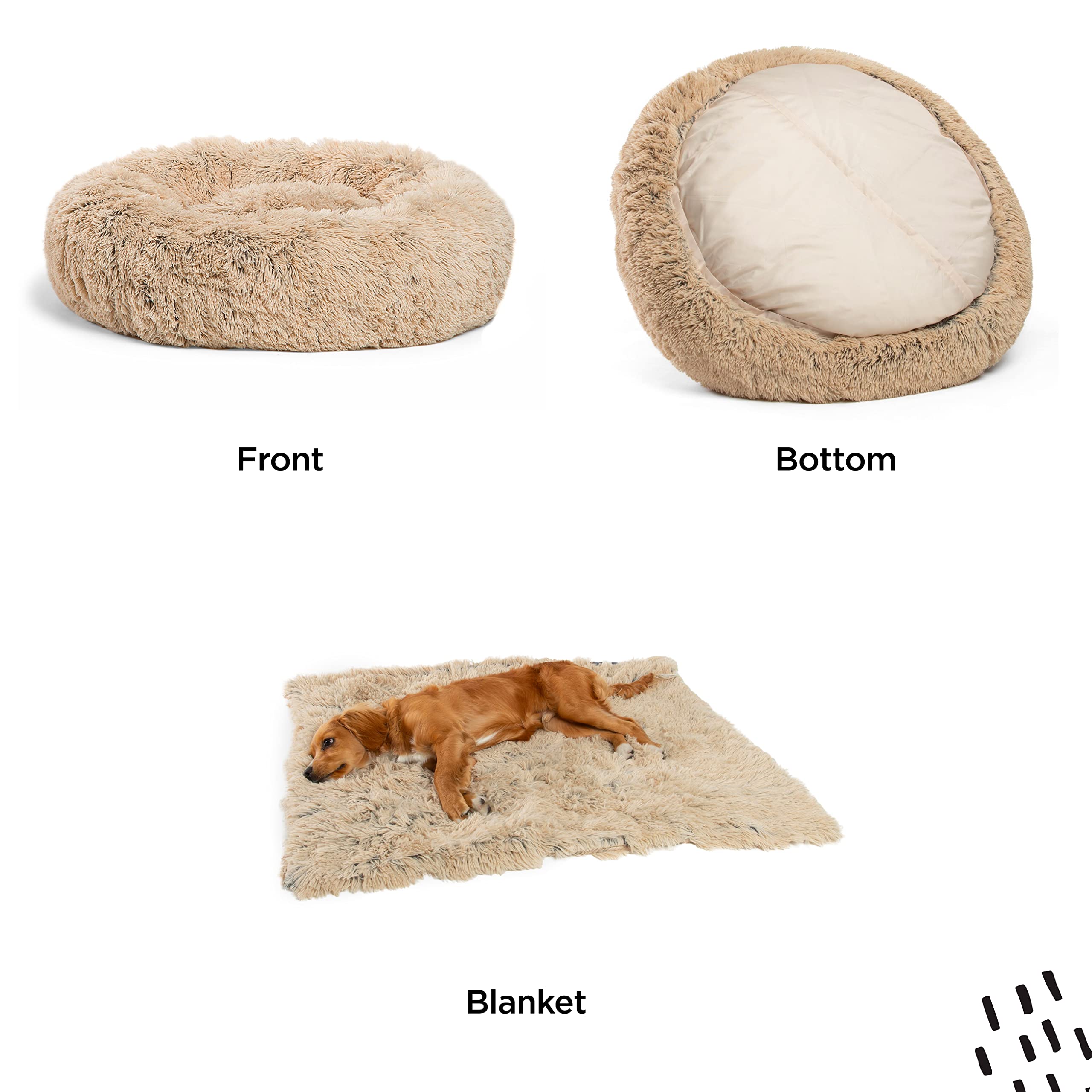 Best Friends by Sheri Calming Shag Donut Cuddler Bed + Pet Blanket Set, Taupe, Extra Medium 30"x30", Long Shag Fur