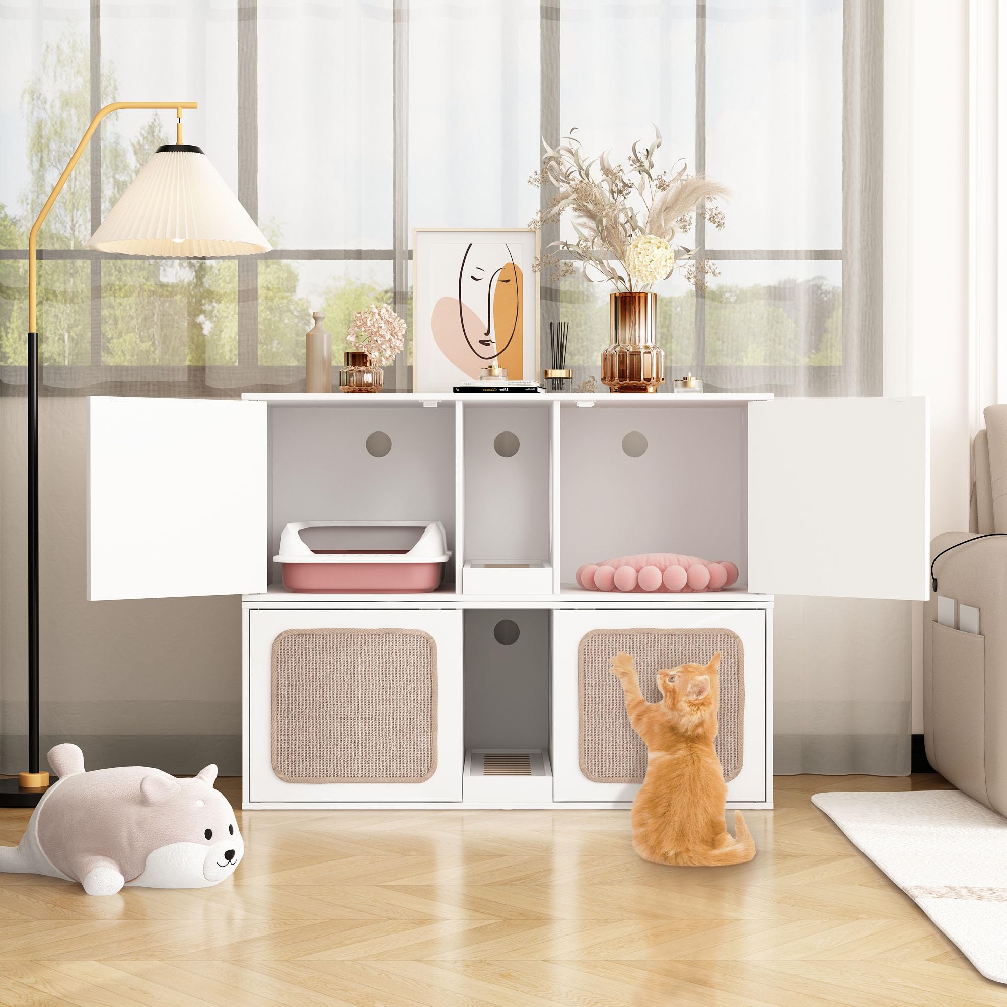 Lovinouse Cat Litter Box Enclosure For 2 Cats, Modern Wood Stackable Large Cat Washroom Storage Cabinet Bench End Table Furnitur