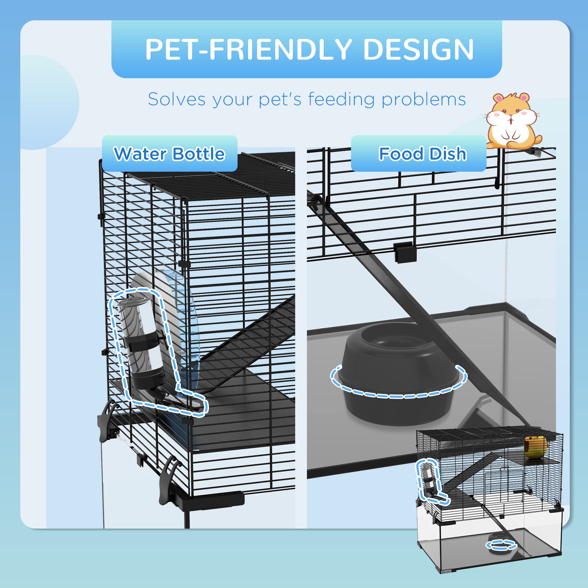 Pawhut Large Hamster Cage With Deep Tempered Glass Bottom, 3 Tiers Hamster Tank With Running Wheel, Hut, Water Bottle, Dish, Rat