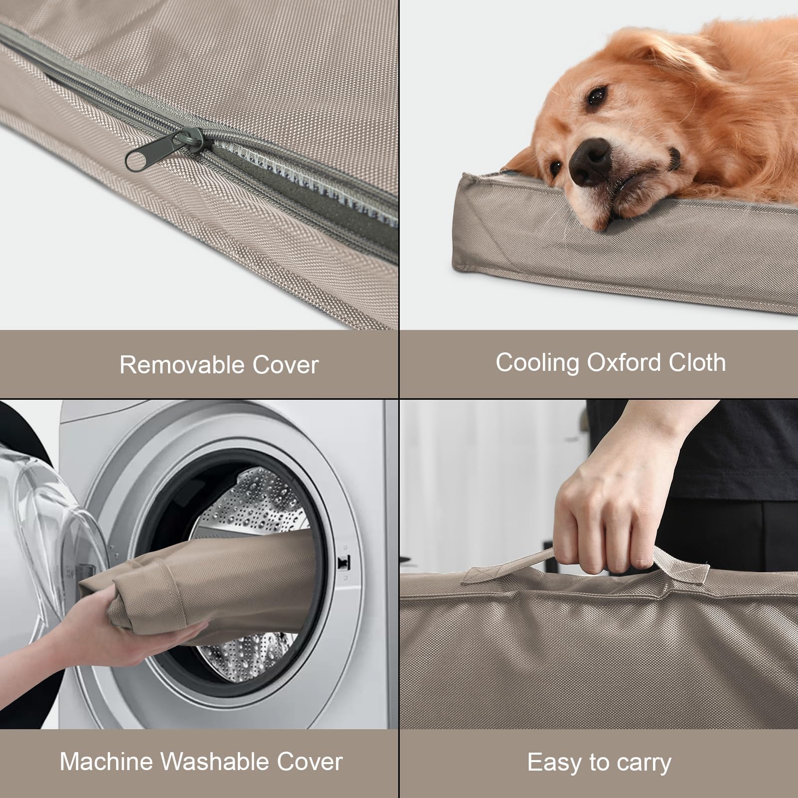 Tail Stories Orthopedic Dog Bed, Waterproof Oxford, Large 36"x27"x3", Khaki, Removable Cover, Egg Crate Foam
