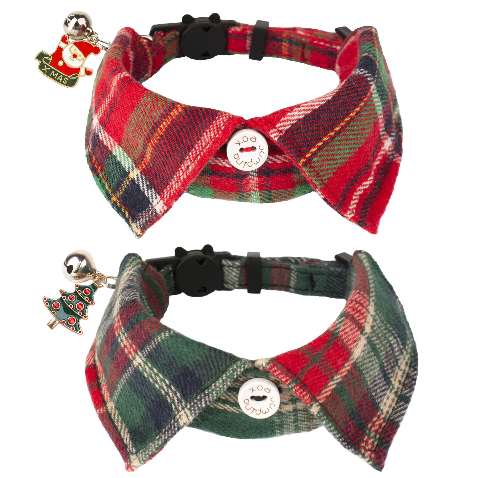 Adoggygo Christmas Cat Collars Breakaway With Bow Bell, 2 Pack Stylish Red Green Plaid Xmas Kitten Collar With Removable Shirt C