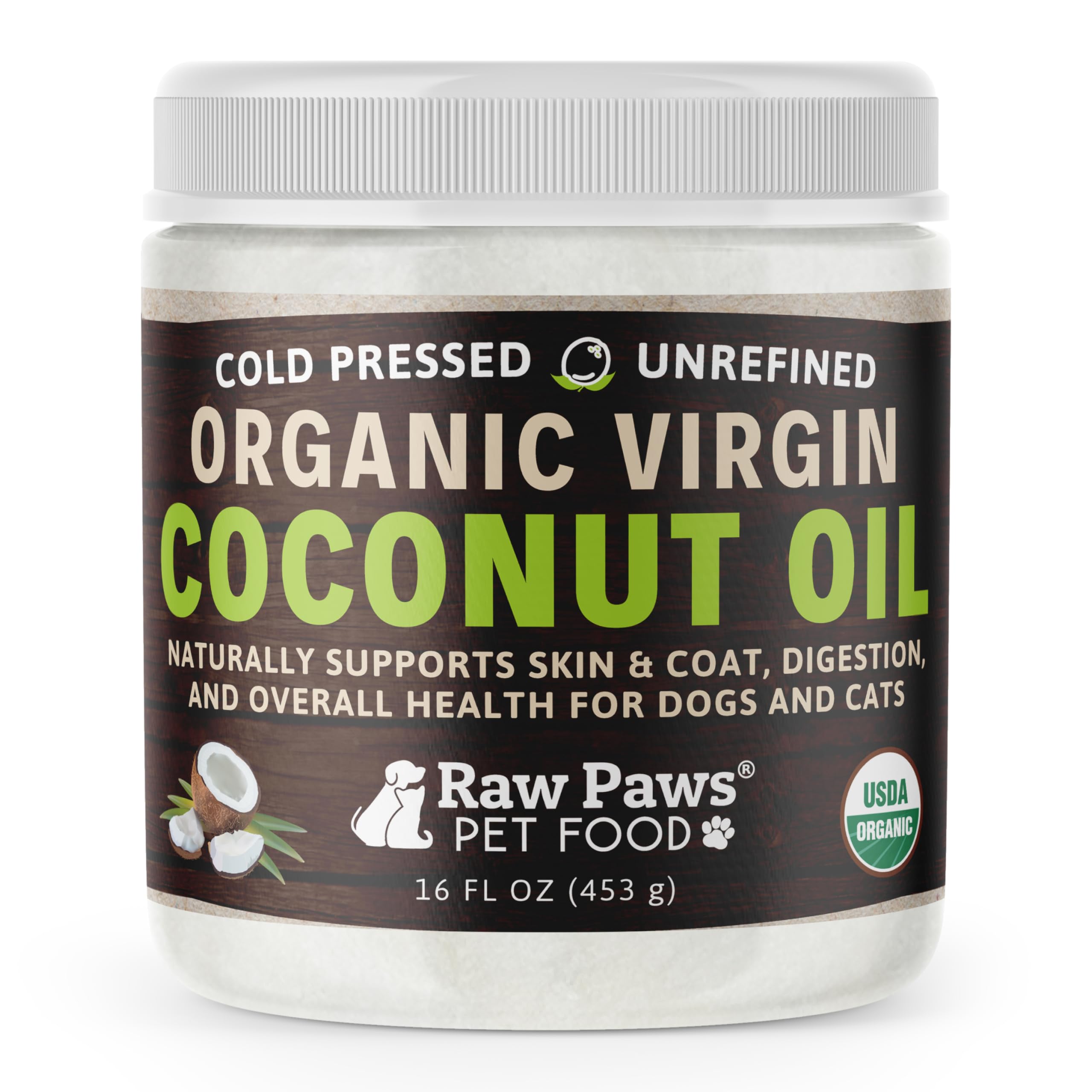 Raw Paws Organic Virgin Coconut Oil for Dogs & Cats, 16-oz - Supports Immune System, Digestion, Oral Health, Thyroid - All Natur