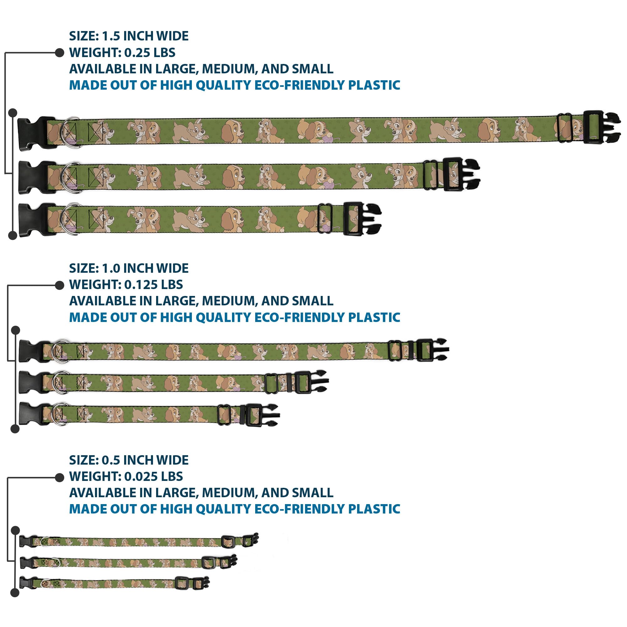 Buckle-Down Dog Collar Plastic Clip Lady And Tramp 6 Poses Olive Green, Multi Color, 1'' Wide - Fits 15-26'' Neck - Large (D