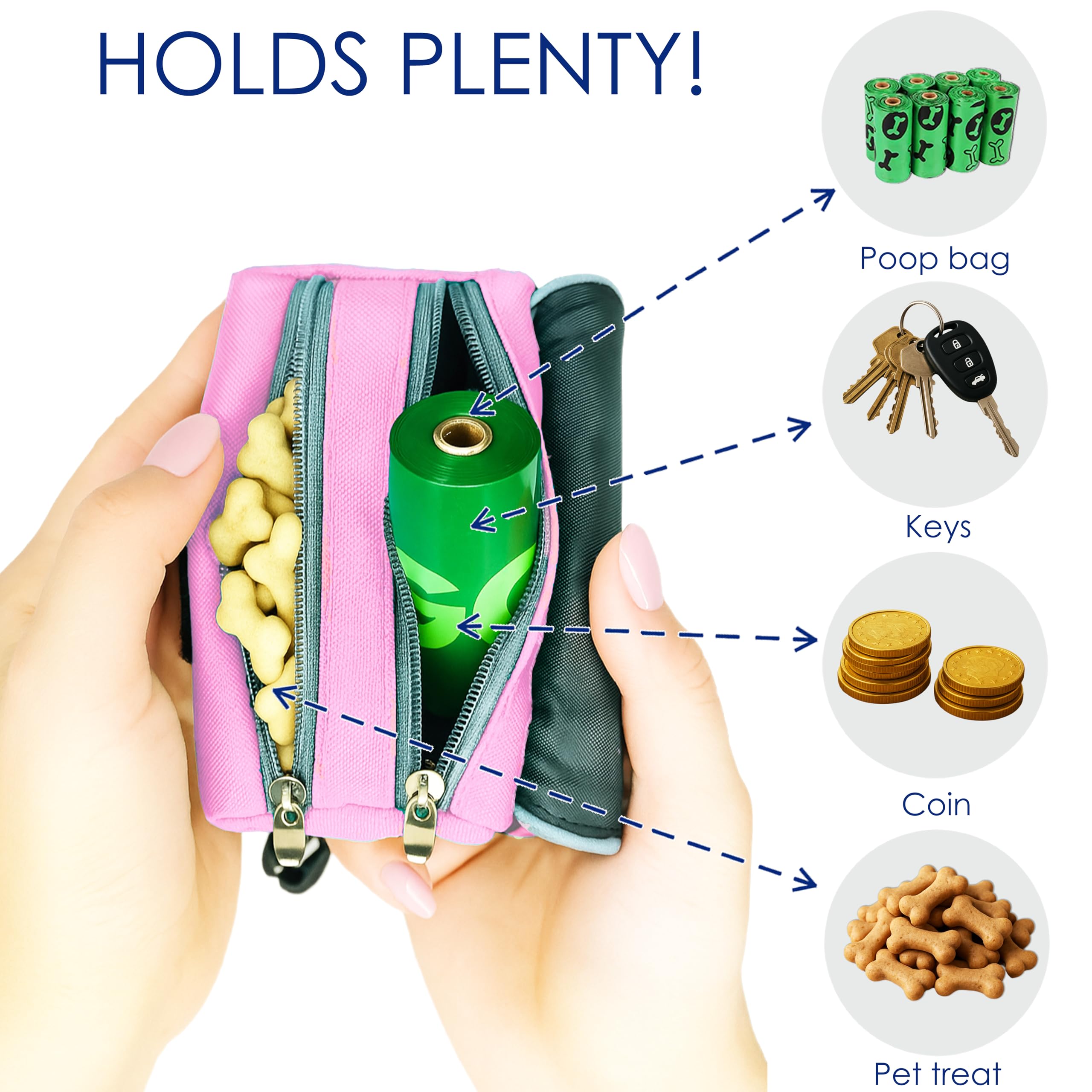 Dog Treat and Poop Bag Holder for Leash, 2 Waterproof Zipper Pouches for Pet Walking Accessories, with Dispenser, Training Click