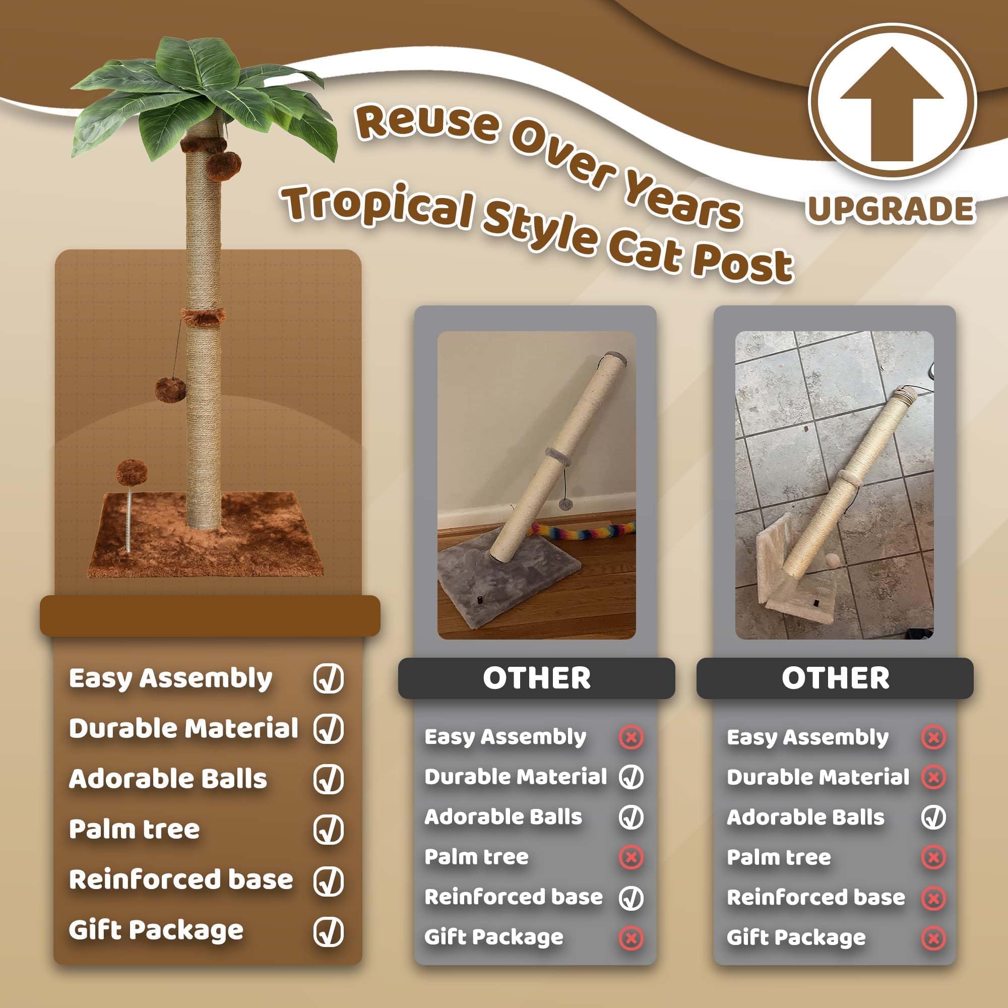 34'' Cat Scratching Post For Average Cats, Brown Palm Cat Tree, Cat Scratcher For Indoor Cats With Hanging Toy Balls For Large C