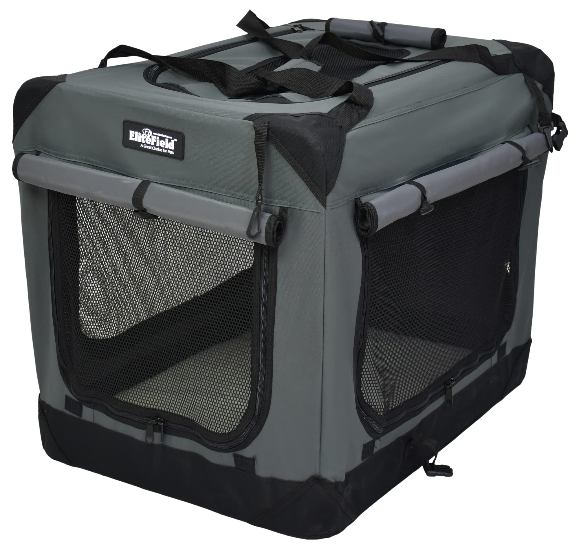 EliteField 4-Door Folding Dog Crate, 24" L x 18" W x 21" H, Fabric & Steel, Gray with Curtains, Indoor & Outdoor Use, Model S