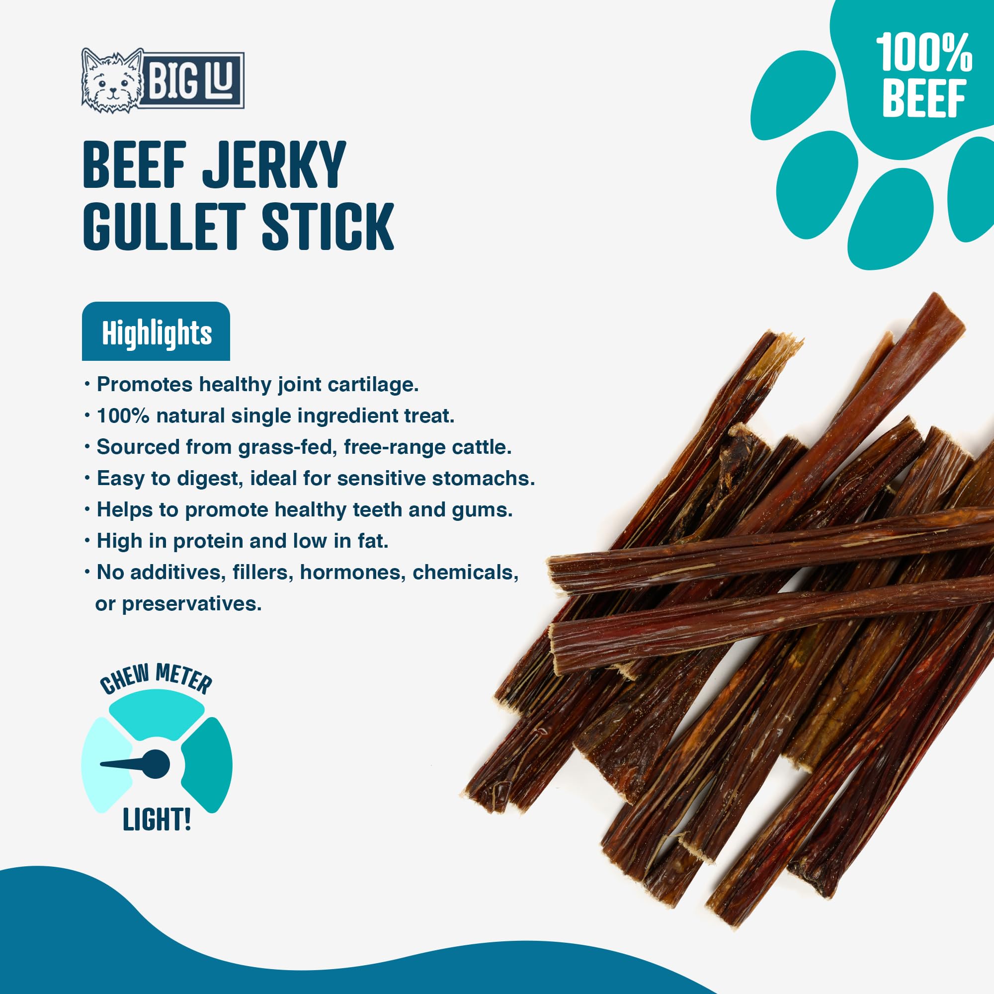 Big Lu Beef Jerky Sticks for Dogs, All-Natural Grass-Fed, 6 Count, High-Protein Treats with Glucosamine for Joint Health