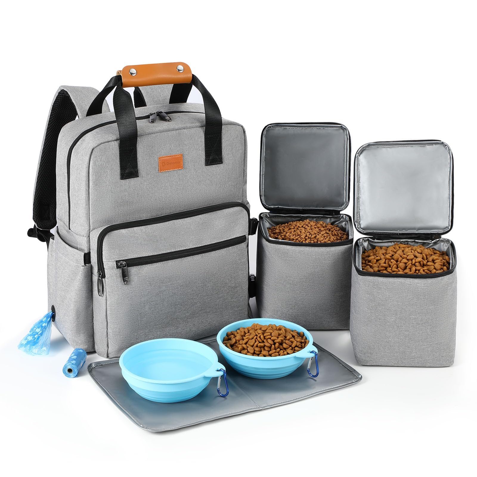 Dog Travel Bag, 25L Airline Approved Dog Travel Backpack for Pet Travel Accessories with 2 Food Storage Containers, 2 Foldable B