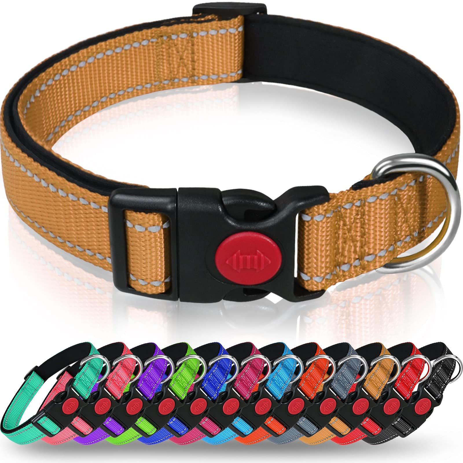 Taglory Reflective Dog Collar With Safety Locking Buckle, Adjustable Nylon Pet Collars For Extra Large Dogs Female Male, Tan, Xl