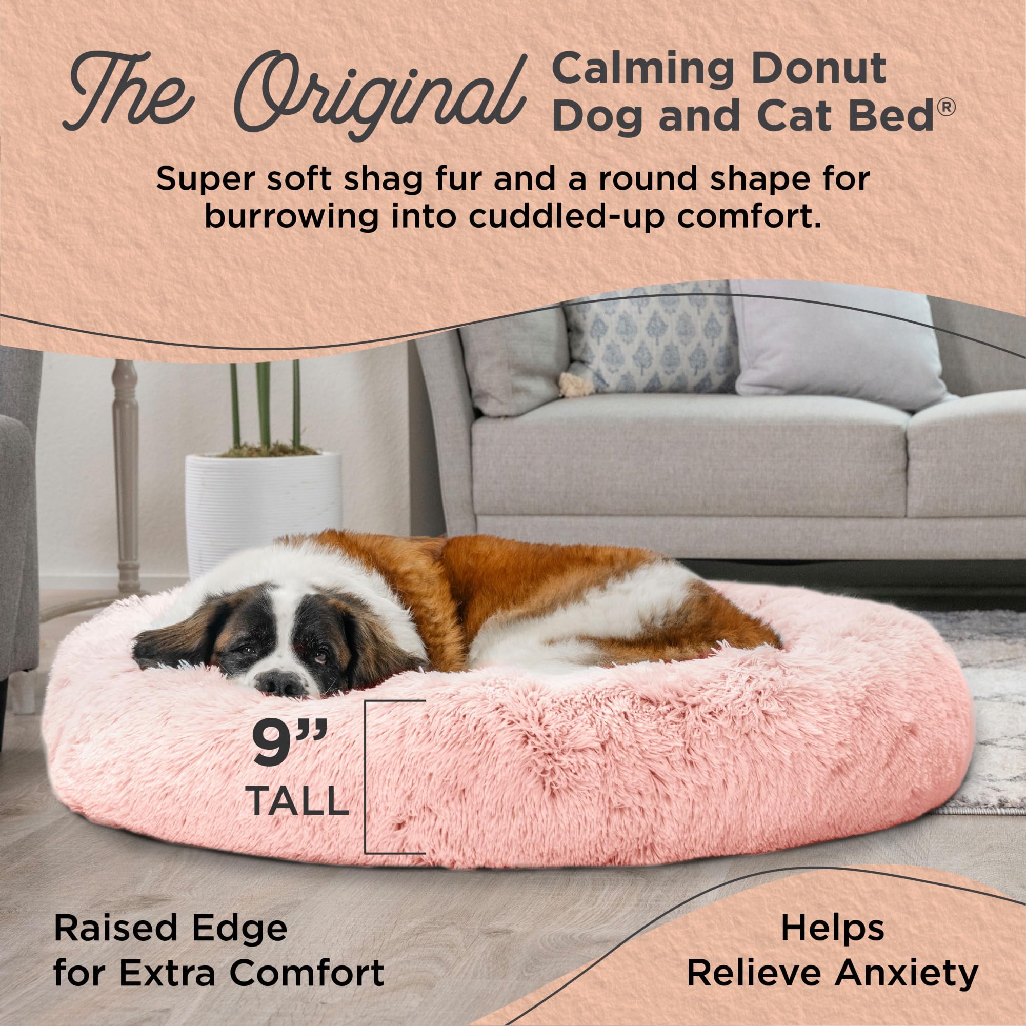 Best Friends By Sheri The Original Calming Donut Dog And Cat Bed In Shag Fur, Candy Pink, Extra Large, 45X45
