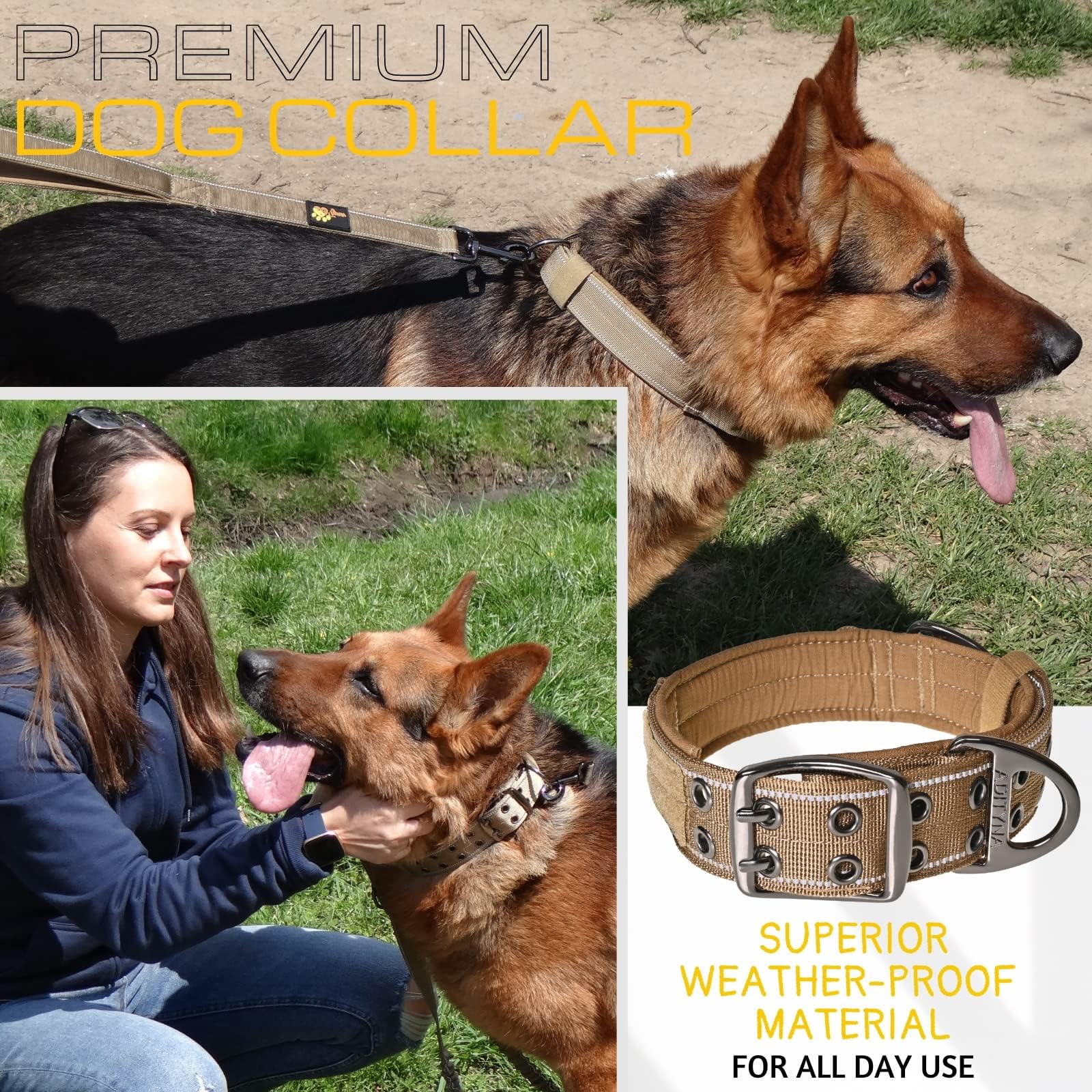 ADITYNA Heavy Duty Dog Collar for Large Dogs - Reflective, Soft Neoprene Padded, Coyote Brown, Fit 18-23" Neck, Model TC2 - L