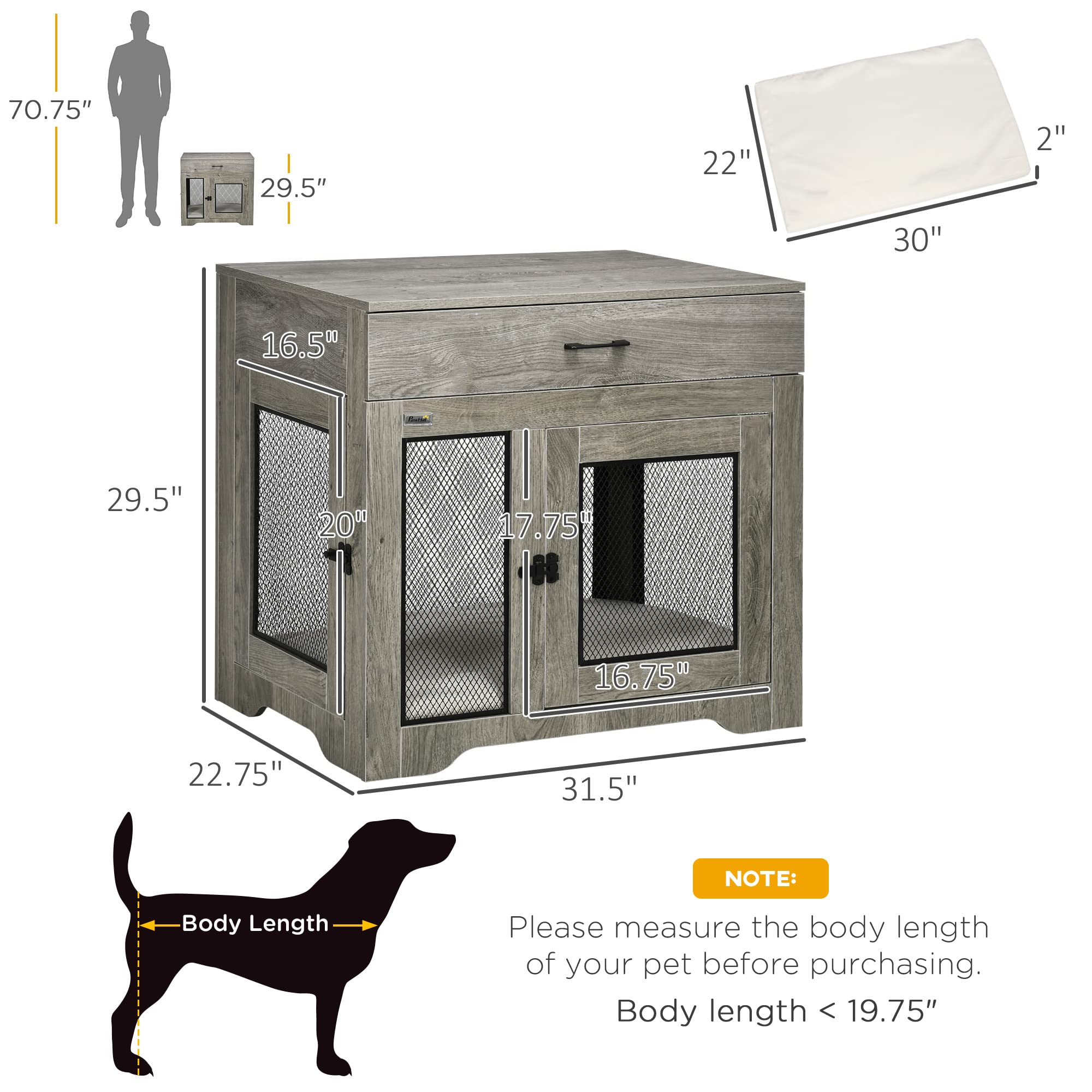 Pawhut Dog Crate Furniture With Soft Water-Resistant Cushion, Dog Crate End Table With Drawer, Puppy Crate For Small Dogs Indoor With 2 Doors, Grey