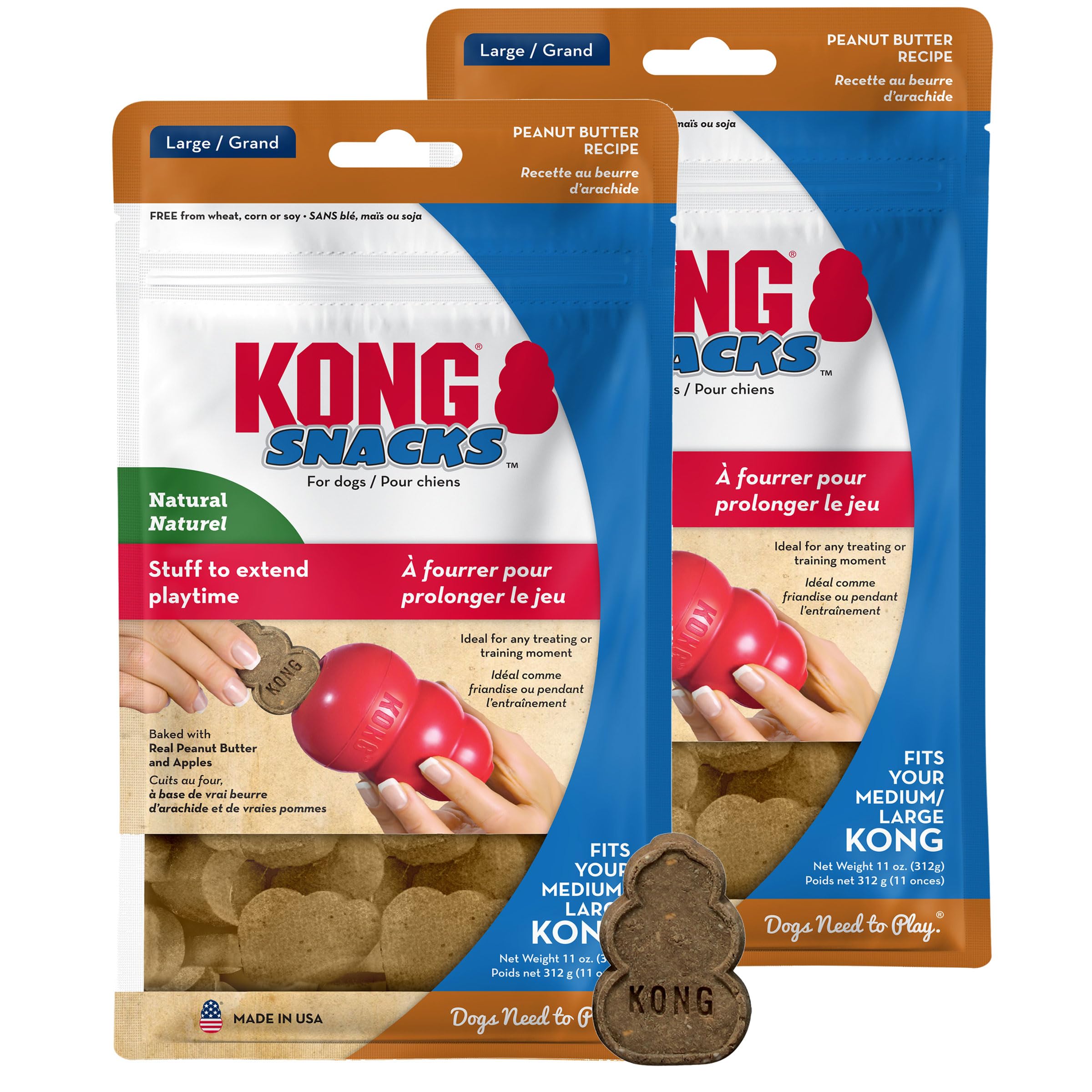 KONG Snacks Dog Treats - 2-Pack | All-Natural, Made in USA, Fits Classic Toys, No Wheat, Corn or Soy (Large, Peanut Butter)