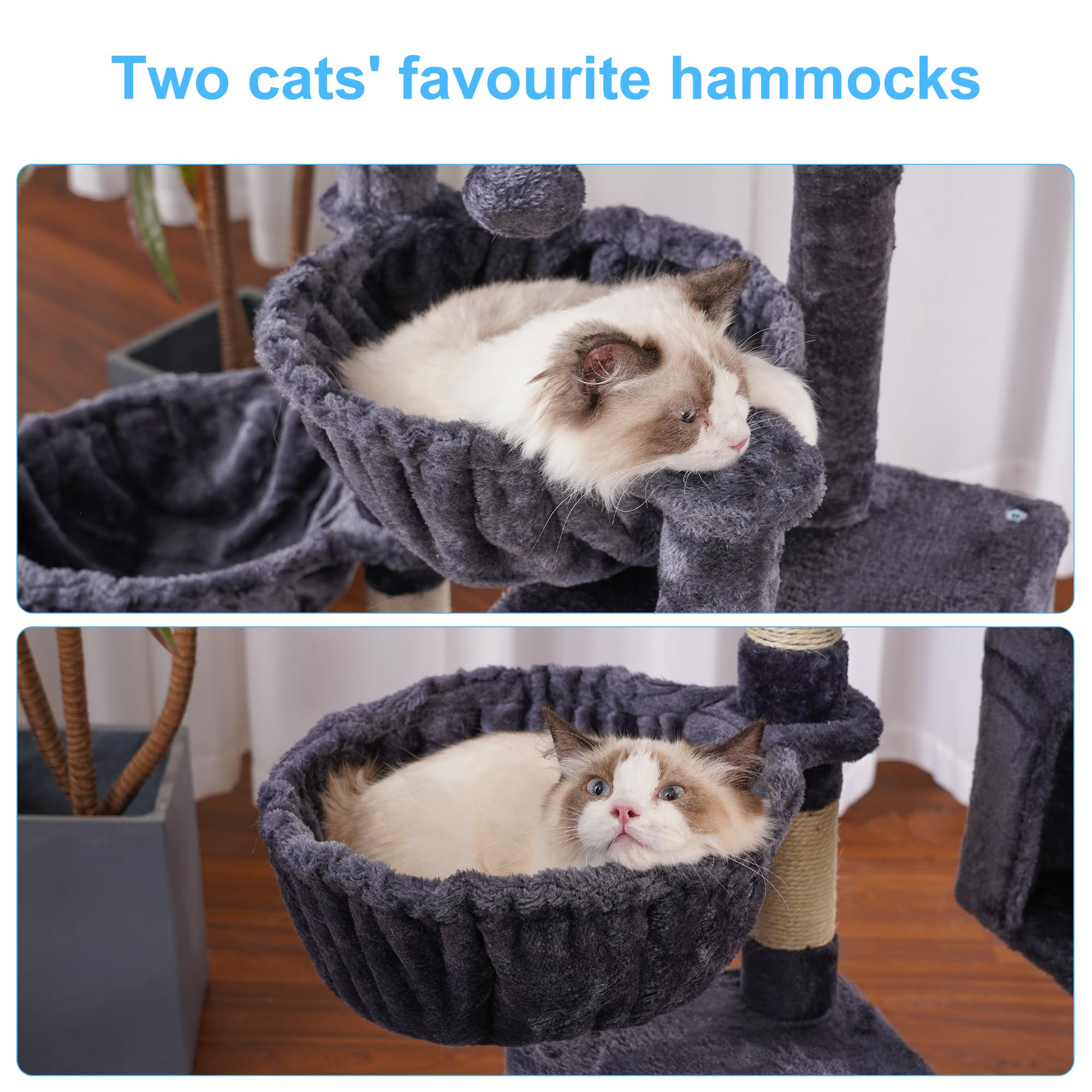 Hey-Brother Cat Tree, Cat Tower For Indoor Cats, Cat House With Large Padded Bed, Cozy Condo, Hammocks, Sisal Scratching Posts, Big Scratcher, Smoky Gray Mpj006Sg