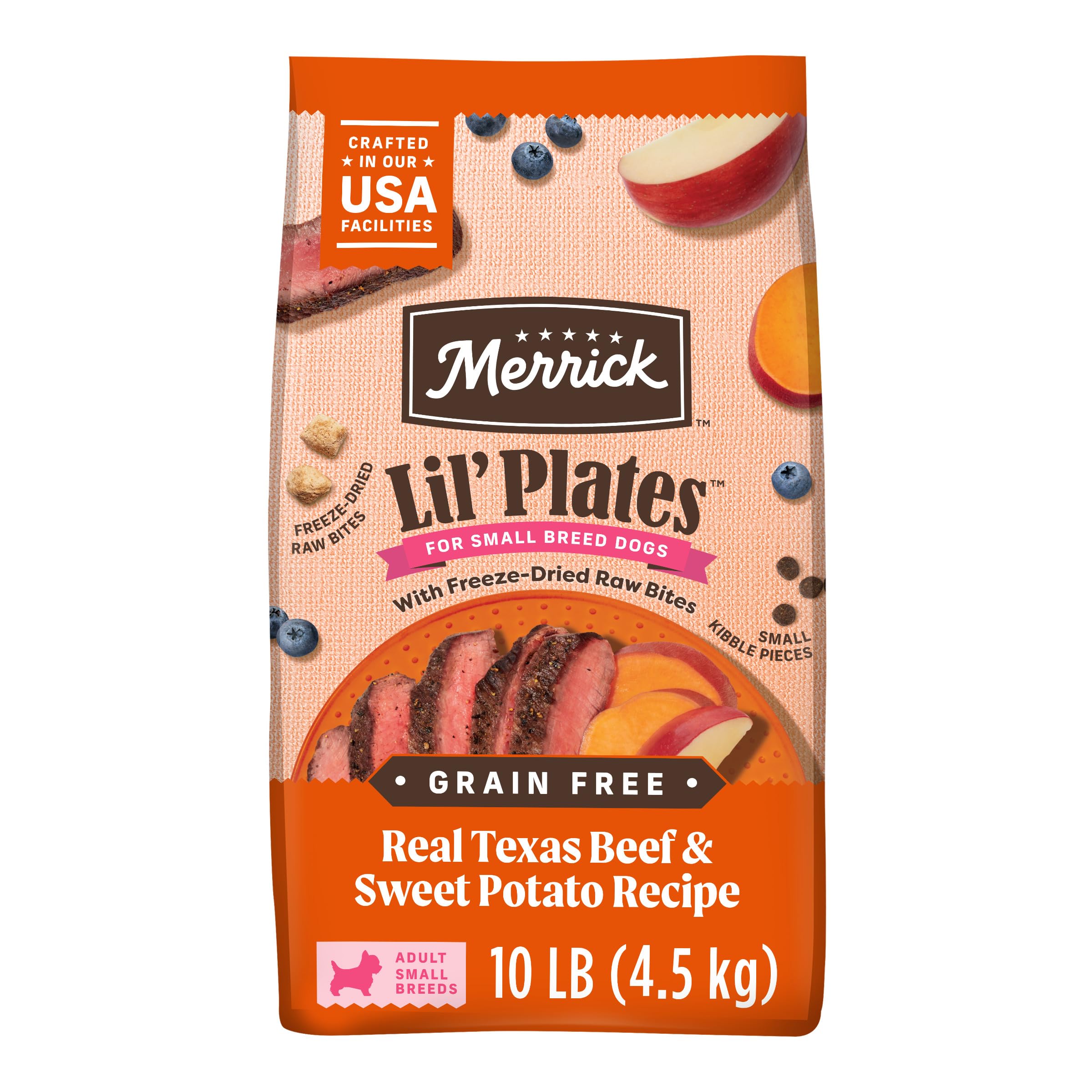 Merrick Lil Plates Grain Free Dry Dog Food For Small Dogs, Texas Beef And Sweet Potato Kibble With Raw Bites - 10.0 lb. Bag