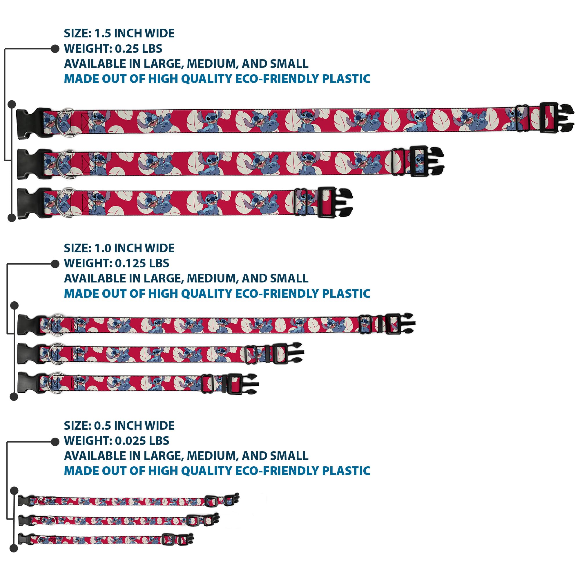 Buckle-Down Dog Collar Plastic Clip Lilo Stitch 4 Poses Lilo Dress Leaves Red Ivory 16 To 23 Inches 1.5 Inch Wide