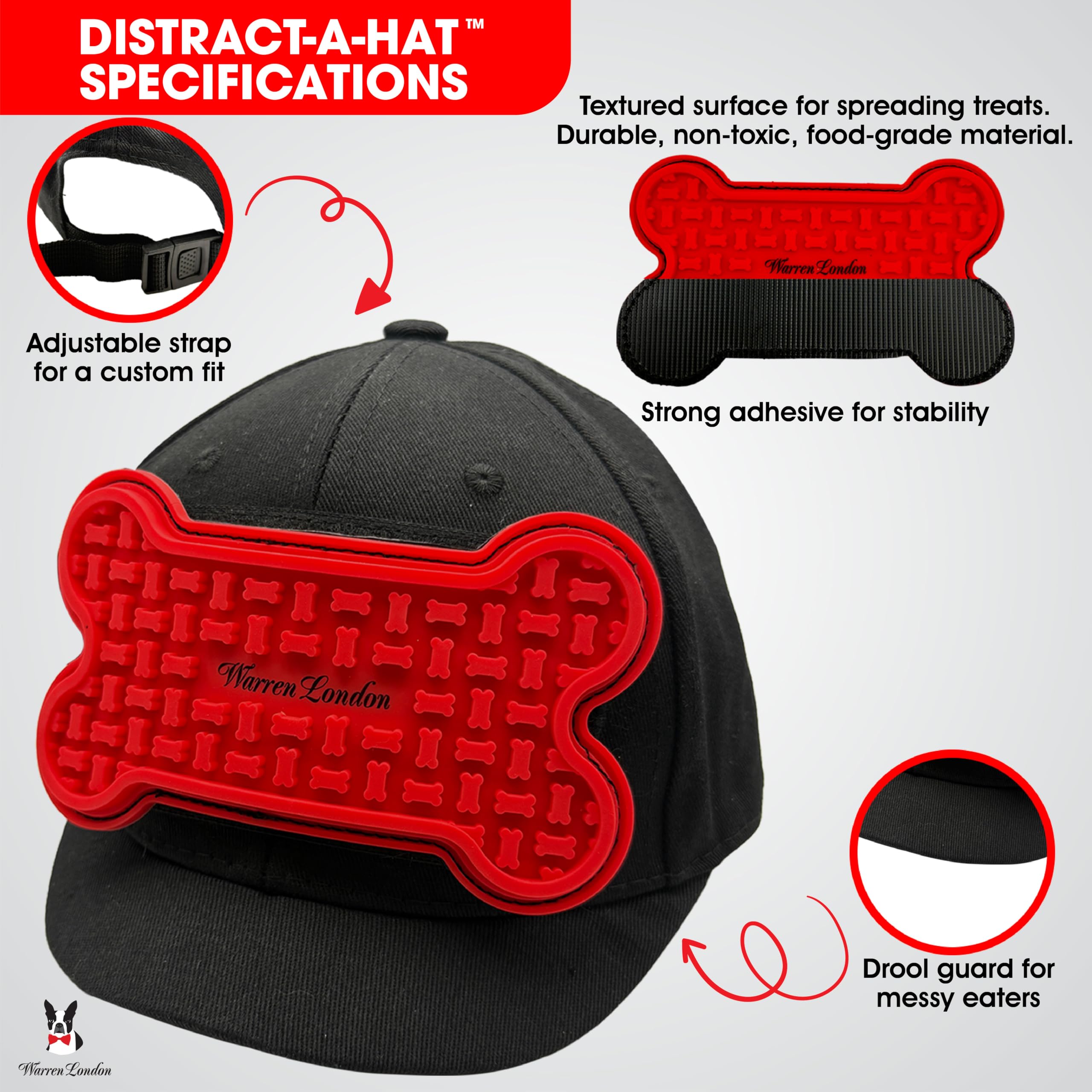 Warren London Distract-A-Hat™ - Dog Grooming Lick Hat, Adjustable Fit, One Size, Black, Includes Adhesive Lick Pad & Cleaning Brush