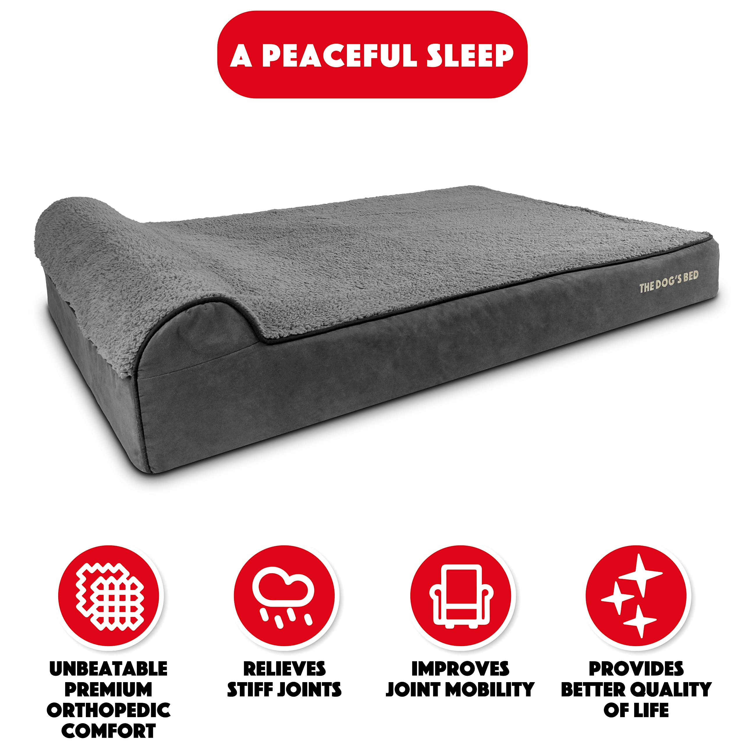 The Dog's Balls Orthopedic Dog Bed XXL Grey Plush, Memory Foam, Pain Relief, Waterproof Washable Cover