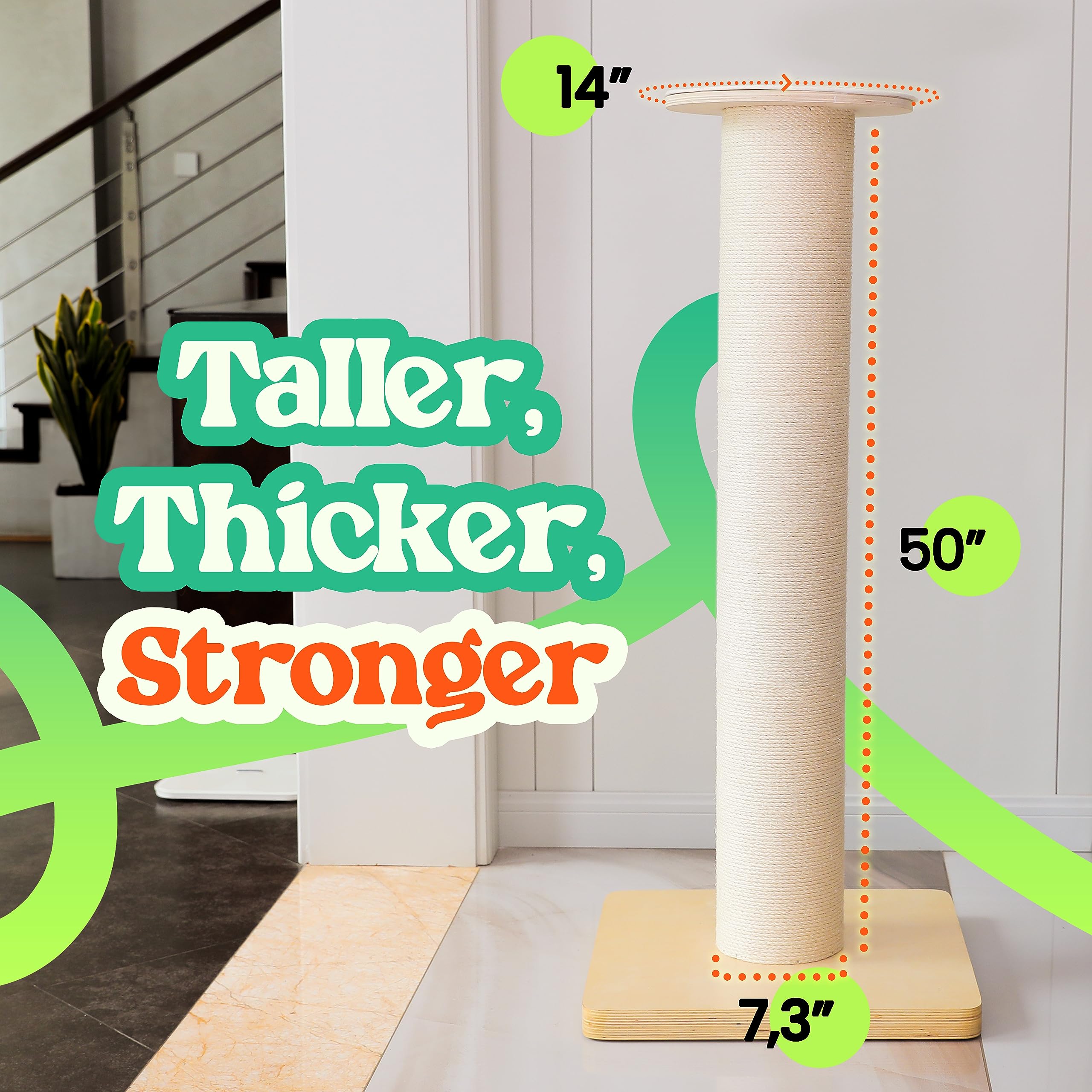 Konelcare 50'' Tall Cat Scratching Post, Extra-Large Cat Scratch Post For Biggest Cats (Maine Coon), 7.3    Thick Post, 36Lbs We
