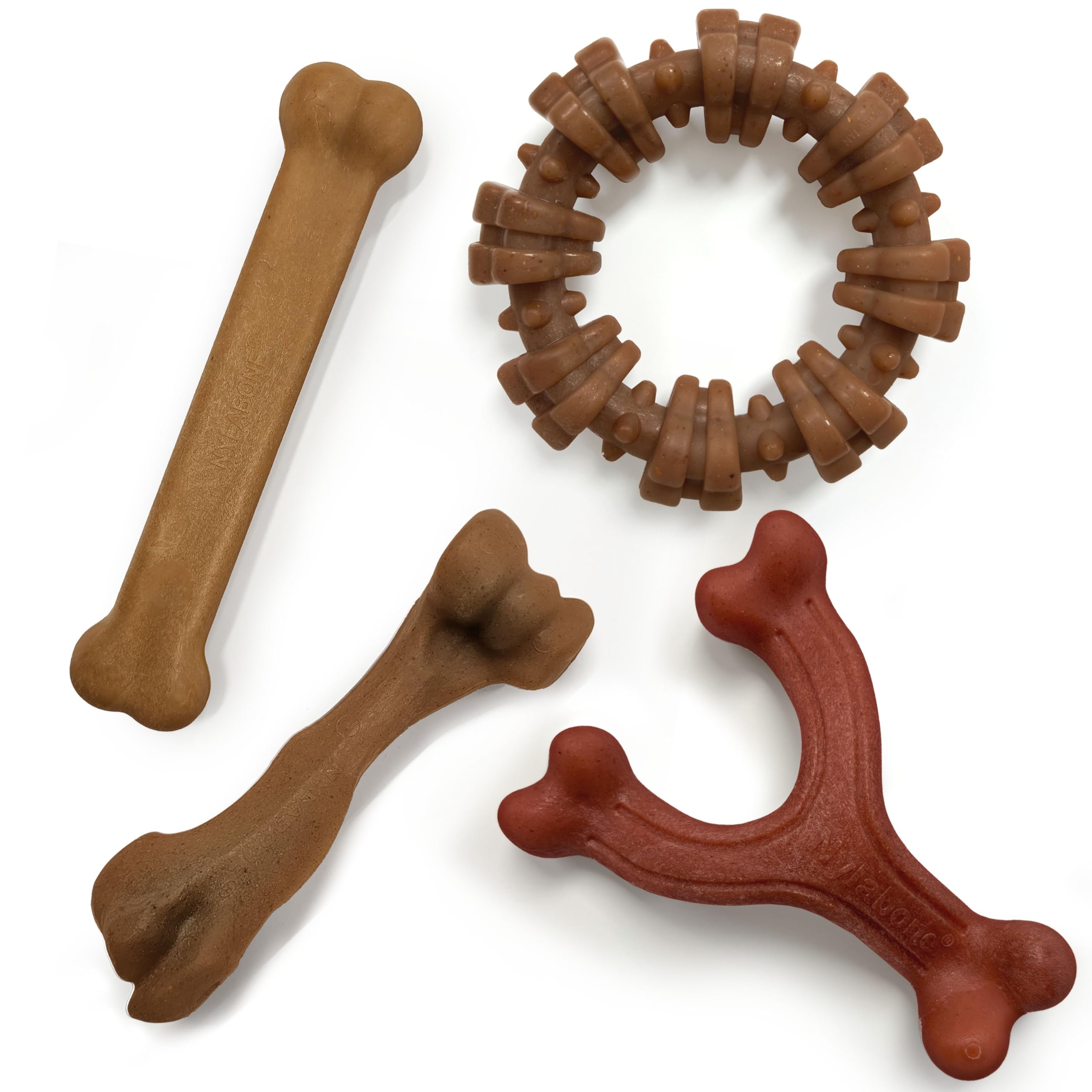 Nylabone Strong Chew Dog Toy 4-Pack Made with Real Bacon, Bison, Venison, Beef, & Chicken, Durable Chew Toys for Aggressive Chew