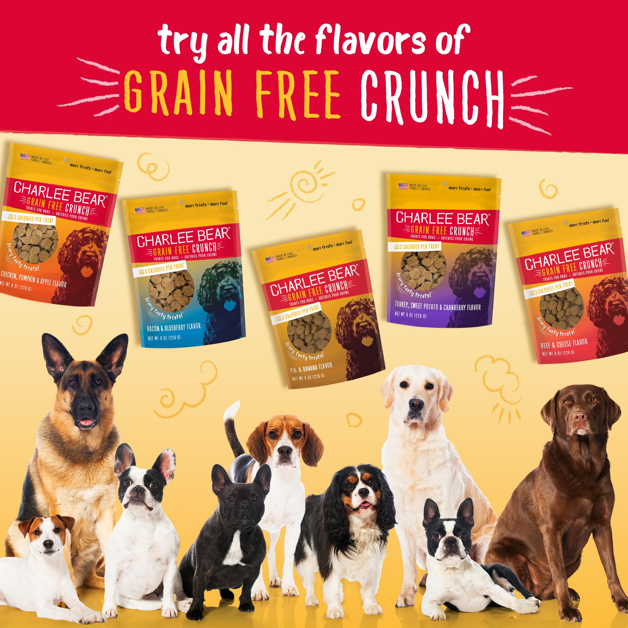 Charlee Bear Dog Training Treats for Small, Medium & Large Breeds, Crunchy Low Calorie Grain Free Dog Treats, USA Made, Three Fl