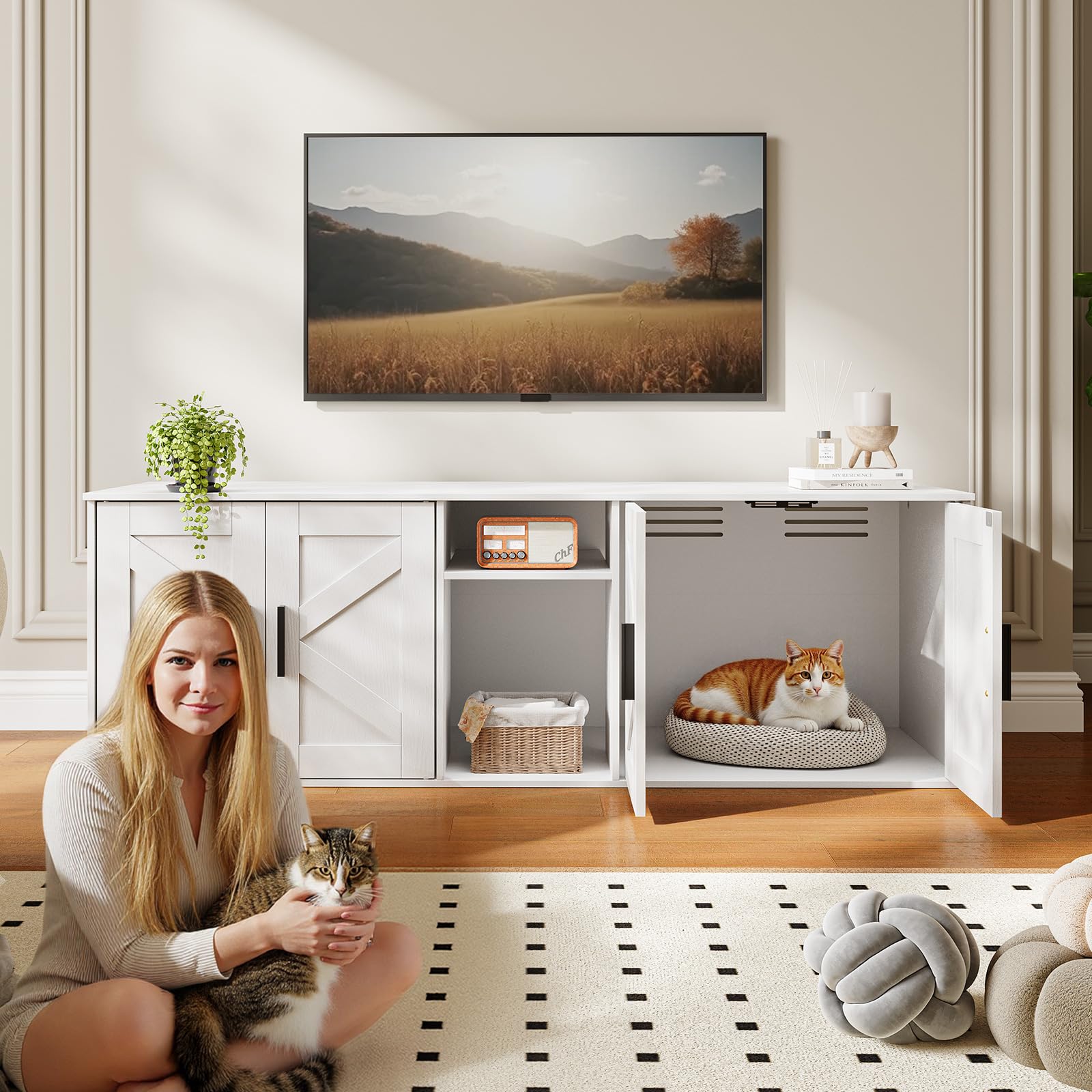 HOOBRO Cat Litter Box Enclosure, Hidden Design with Storage Layer, 58.3"L x 18.9"W x 19.3"H, White, Model WT15MW01
