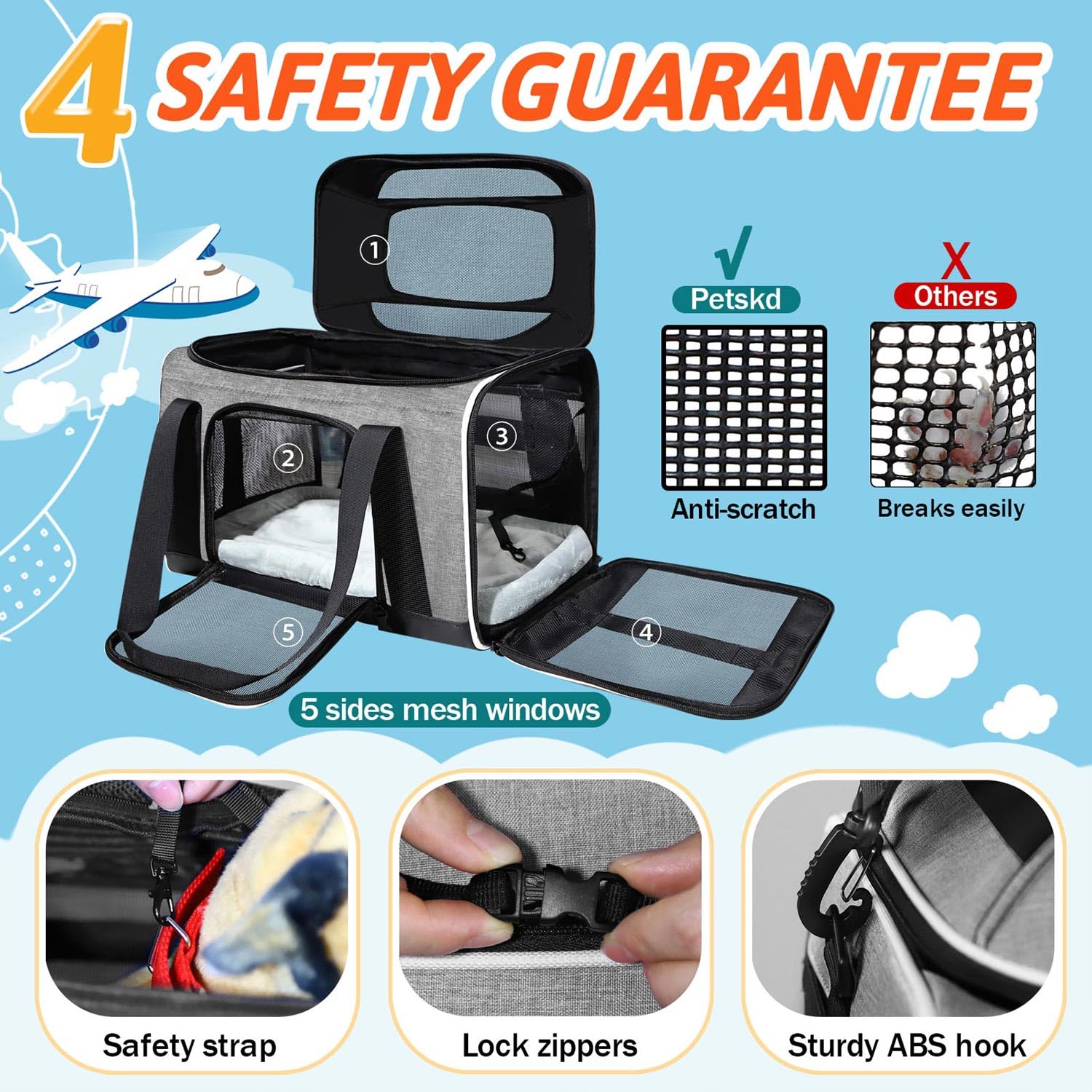 Petskd Top-Expandable Pet Carrier 17X11X9.5 Inches Alaska Airline Approved, Soft-Sided Carrier For Small Cats And Dogs With Locking Safety Zippers And Anti-Scratch Mesh(Grey)