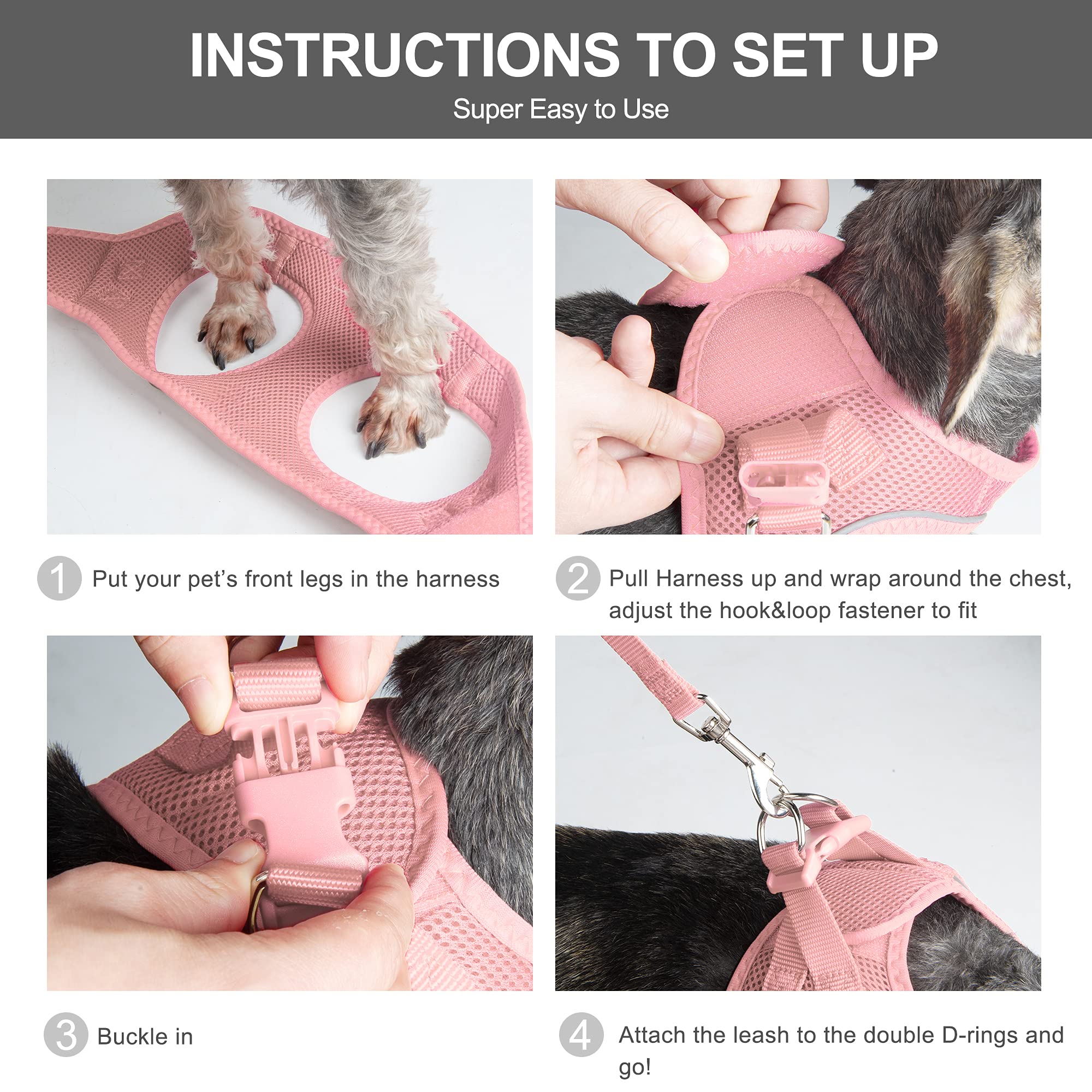 Fida Comfy Dog Harness & Leash, Escape Proof Mesh Vest for XXS Pets, Pink