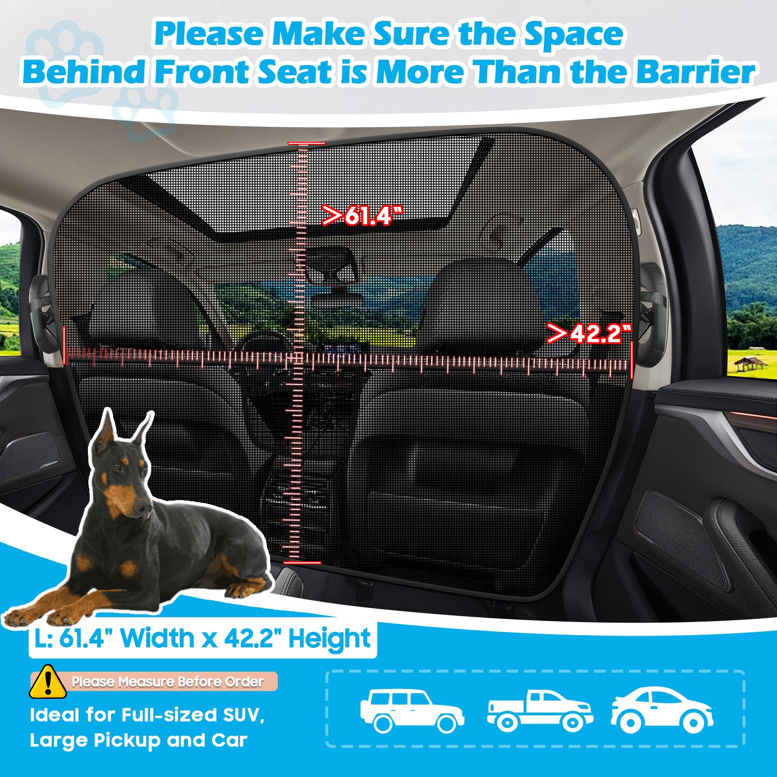 Automiim Dog Car Barrier - 61.4" Wide One-Piece Design, Large Back Seat Divider for SUV and Pickup