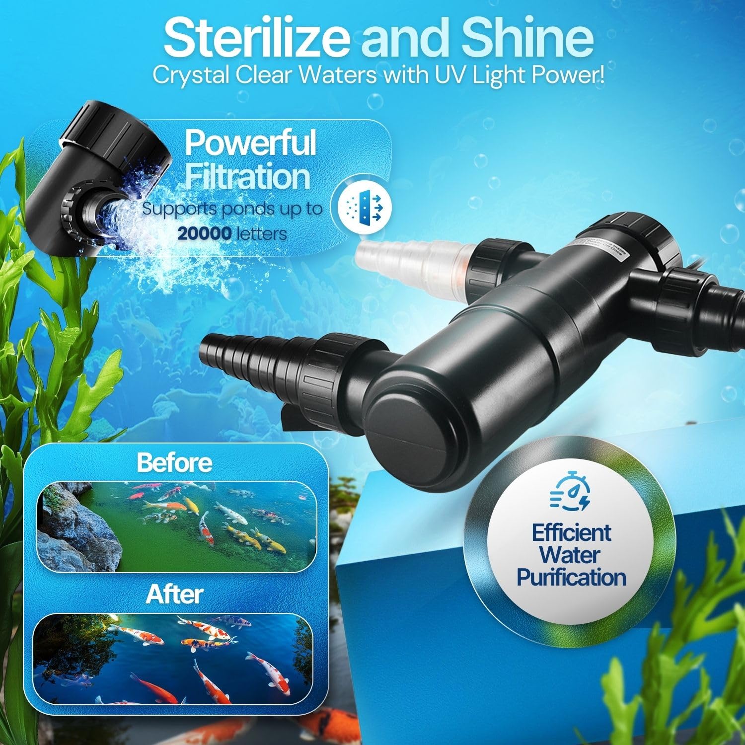 Flexzion UV Light - 18W Medium Pond Clarifier, 5283 Gal Capacity, Clears Water in Days (CUV-118)