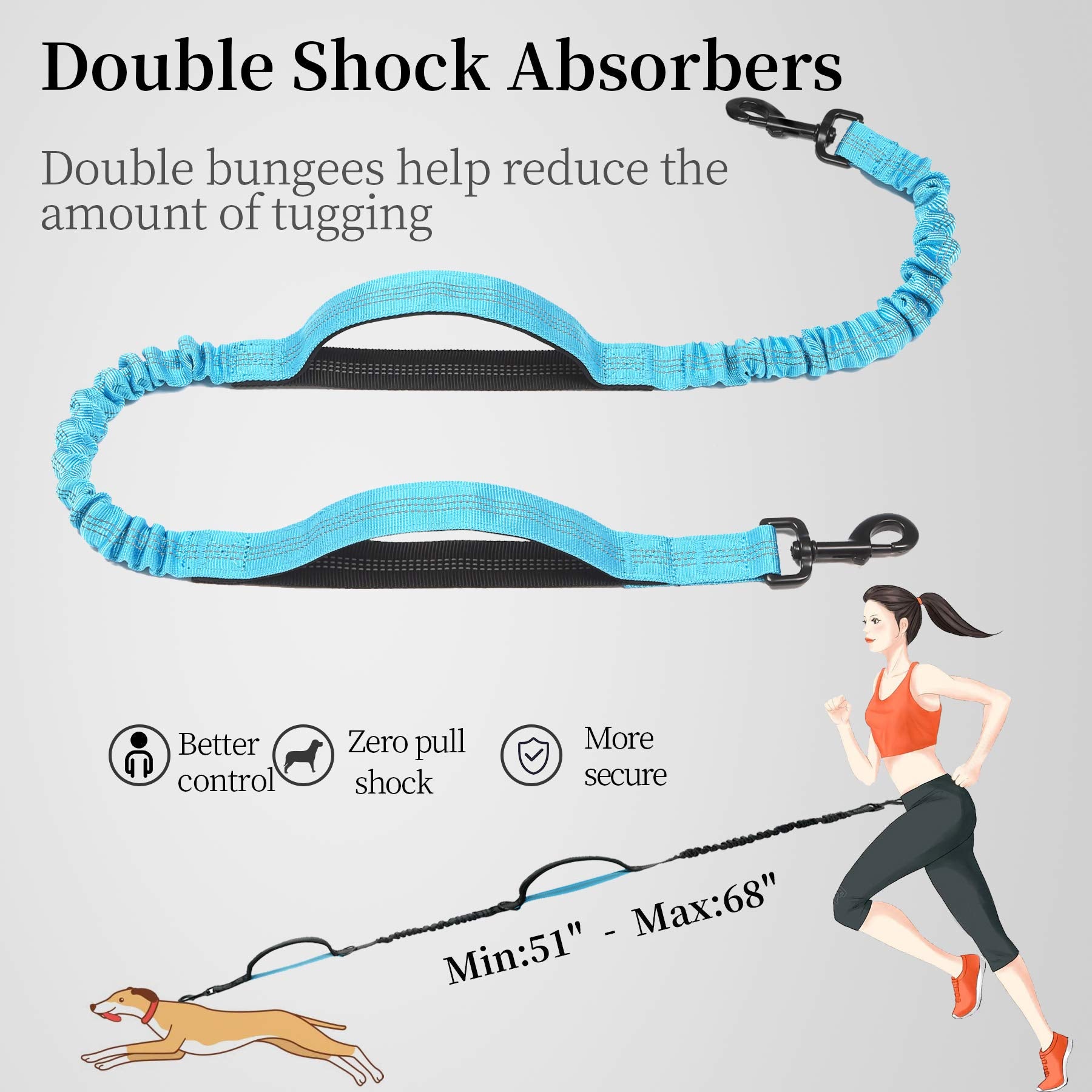 iYoShop Hands Free Dog Leash with Zipper Pouch, Dual Padded Handles and Durable Bungee for Walking, Jogging and Running Your Dog