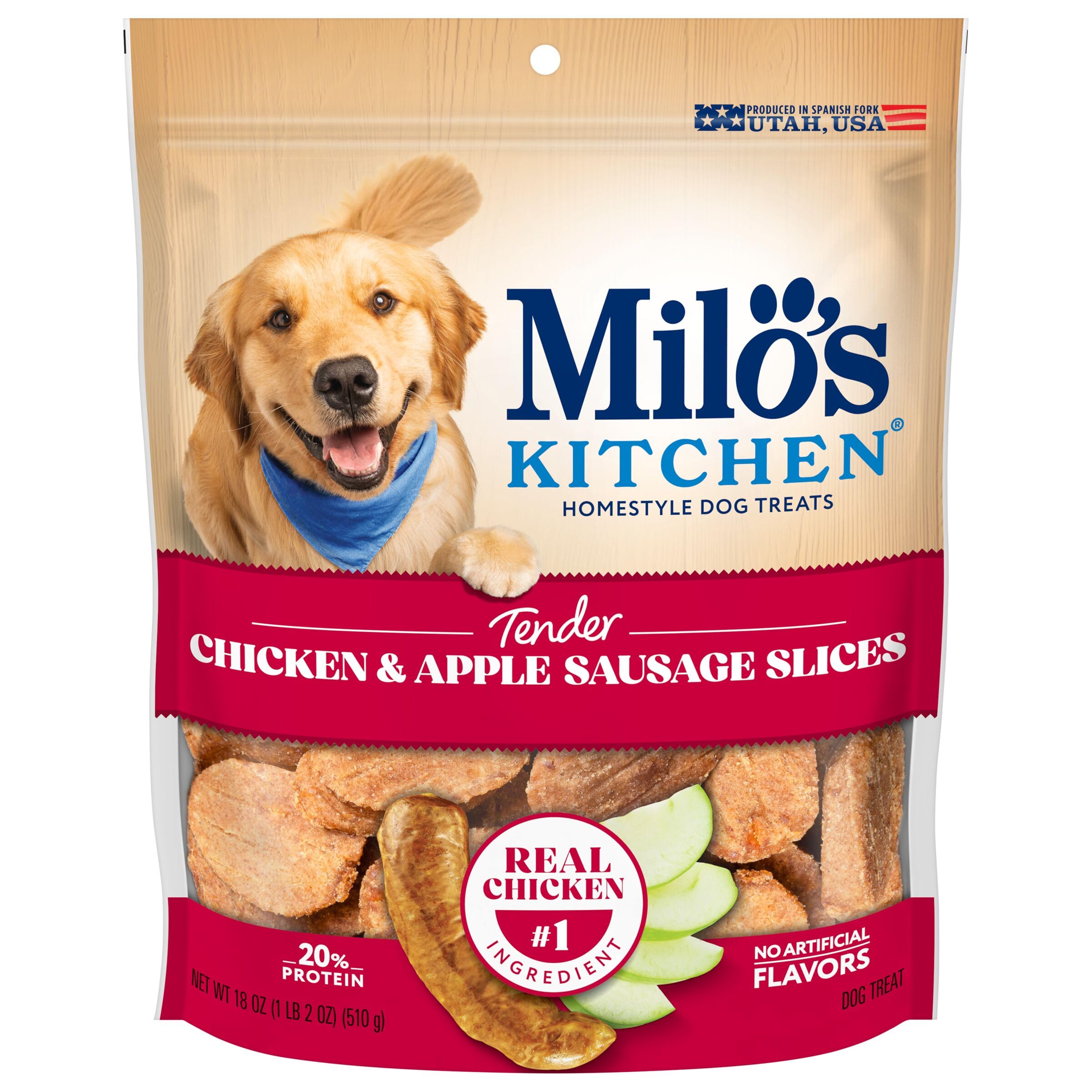 Milos Kitchen Homestyle Dog Treats, Chicken & Apple Sausage Slices, 18 Ounce, High Protein, No Artificial Flavors