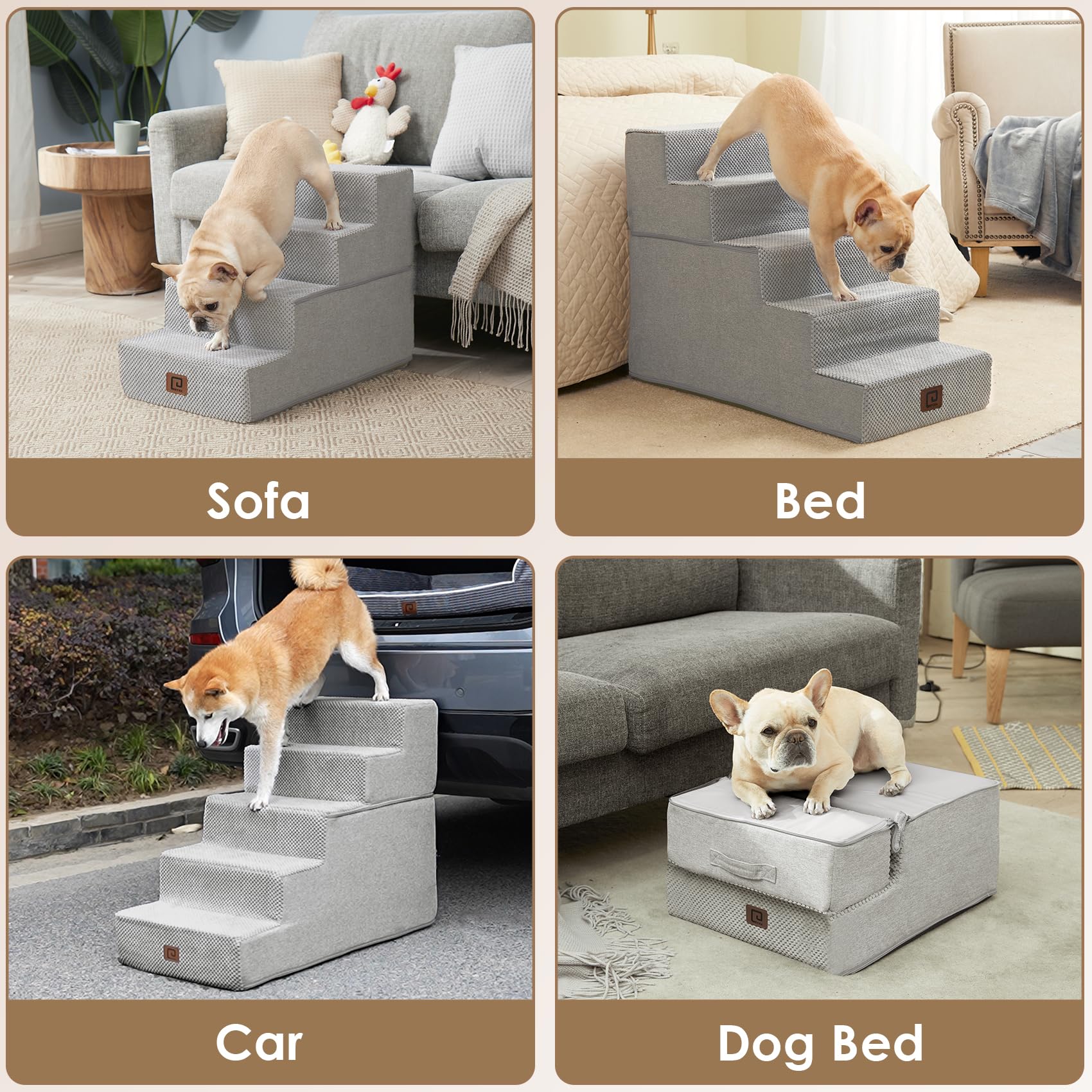 Eheyciga Dog Stairs For High Bed 22.5”H, 5-Step Dog Steps For Bed, Pet Steps For Small Dogs And Cats, Non-Slip Balanced Dog Indoor Ramp, Light Grey