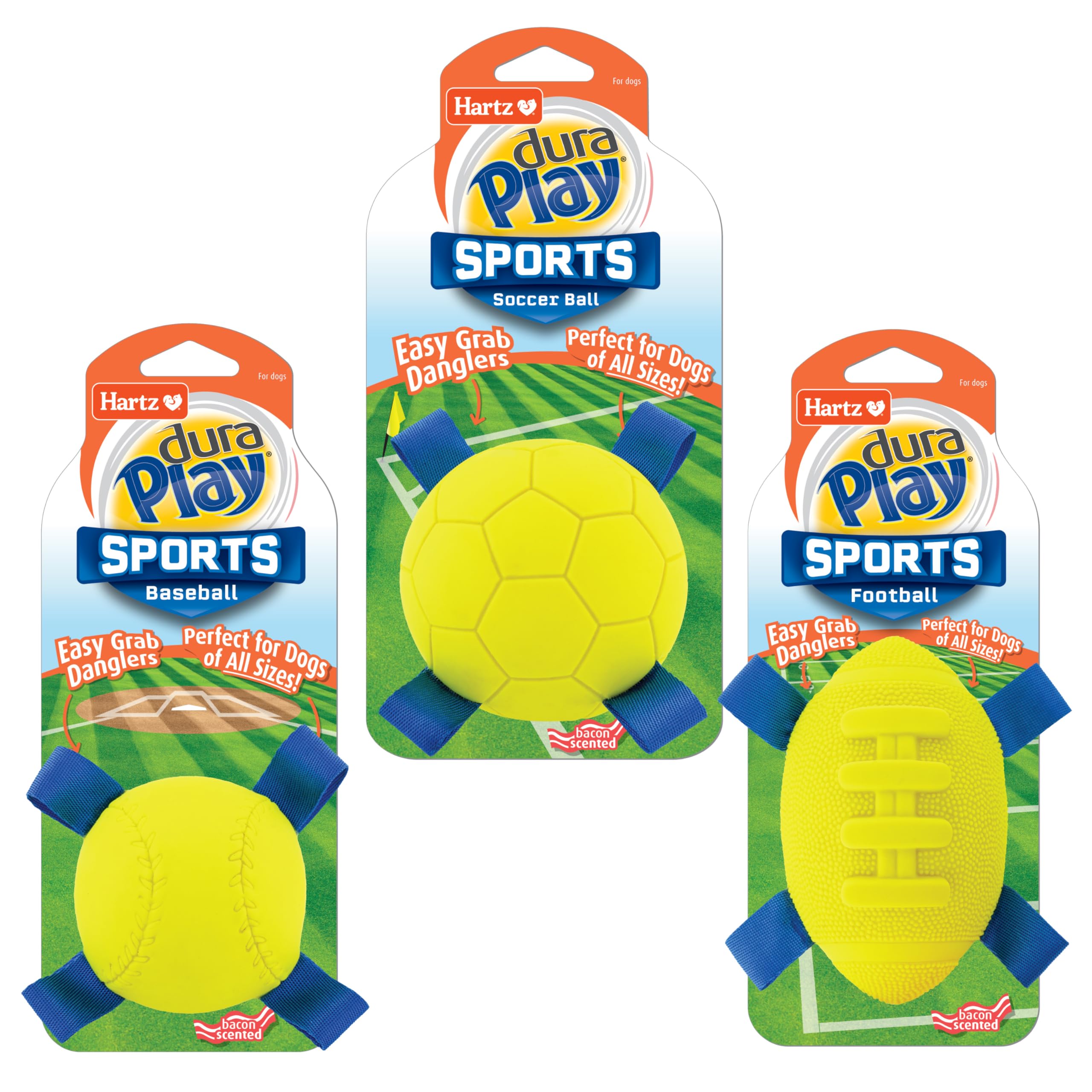 Hartz Dura Play Sports Ball Variety Dog Toy, Bacon Scented Squeaky Latex Yellow & Blue Toy, 3 Count