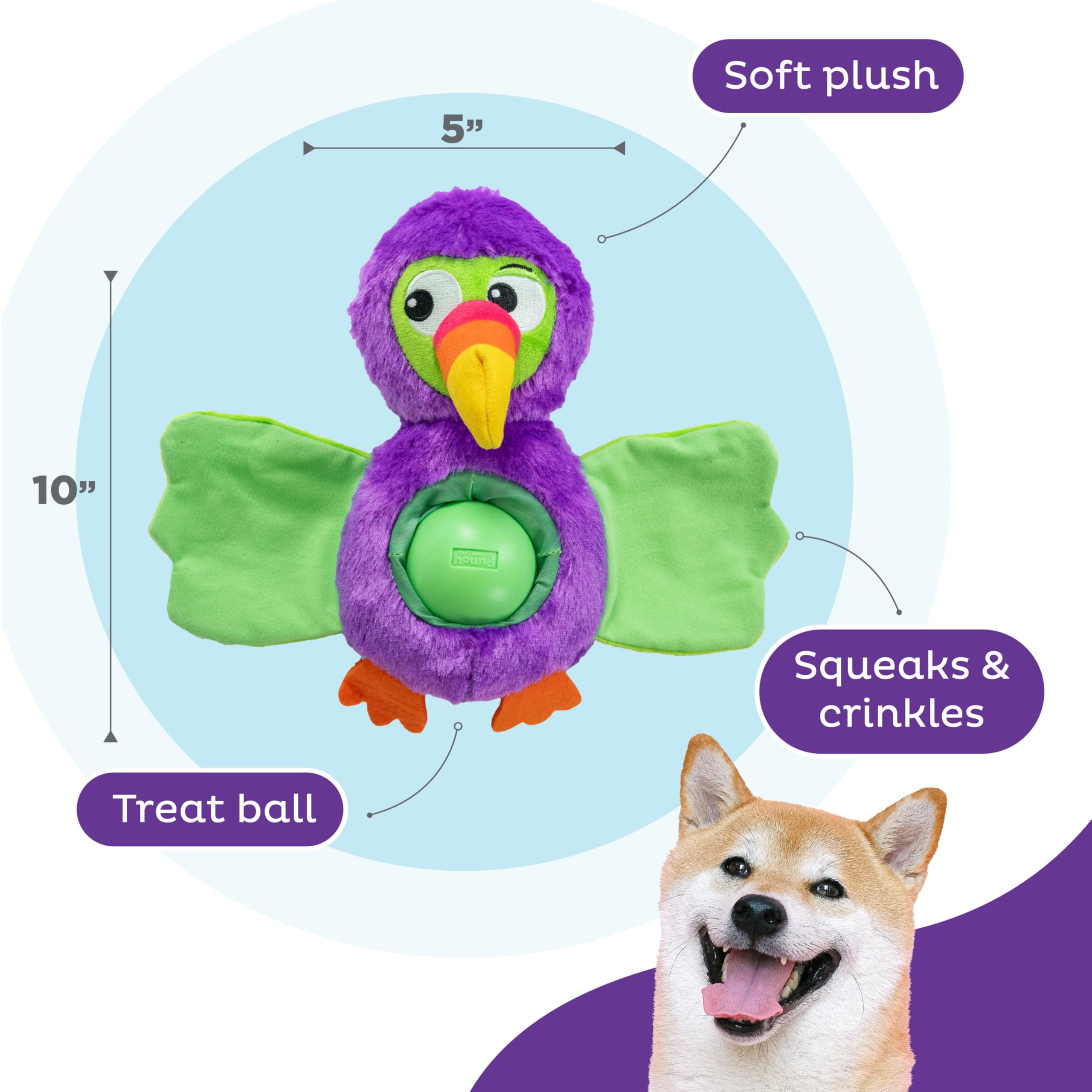 Outward Hound Hide-Ablez Plush Dog Puzzle Toy with Treat Ball, Toucan Model 71488, Multicolored