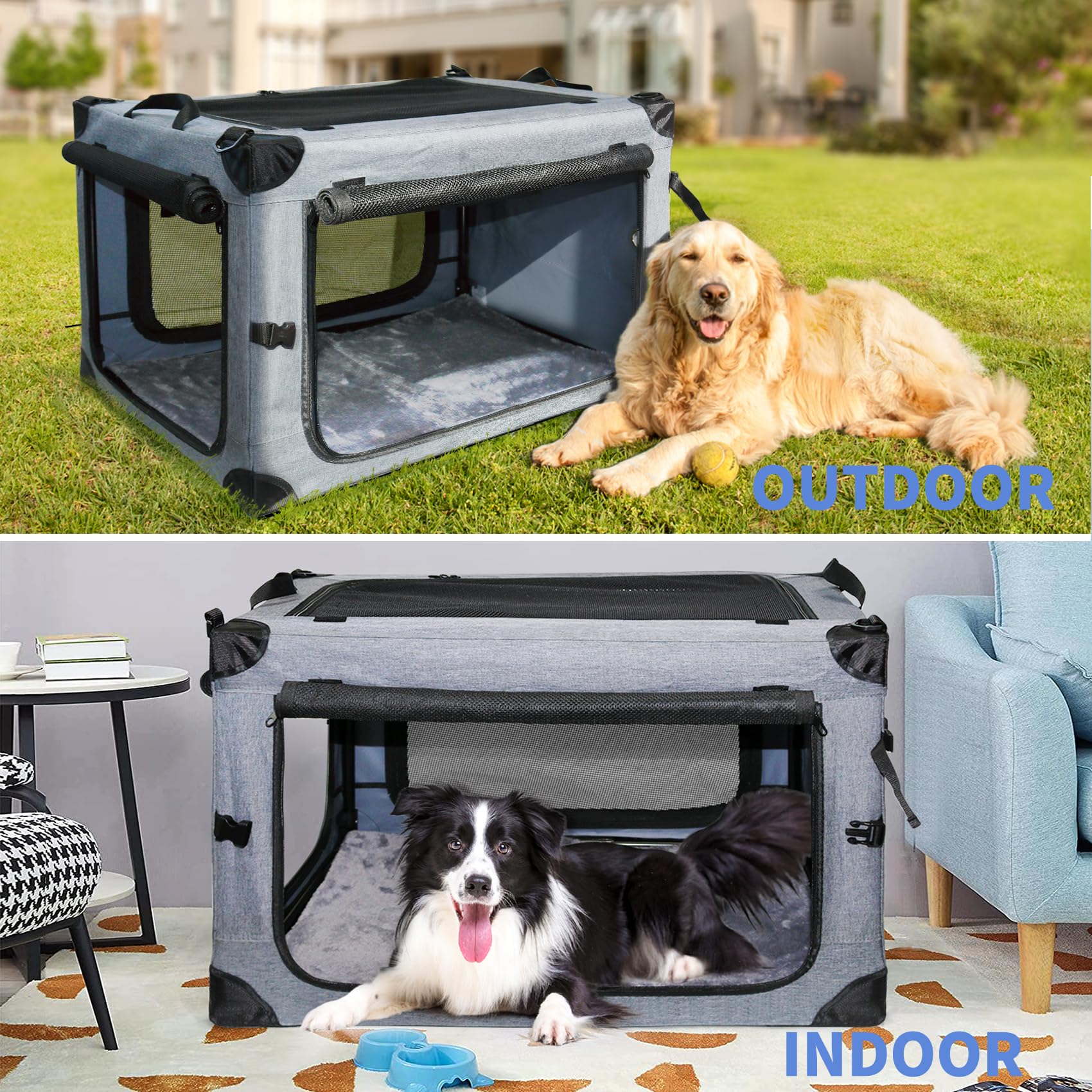 Nezuc Soft Collapsible Dog Crate - 36 Inch Portable Soft Sided Travel Dog Crates For Large Dogs, 4-Door Foldable Dog Carrier, Pe